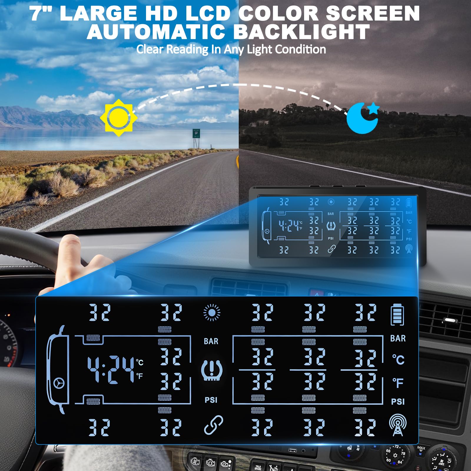 TPMS Solar Sistema de Control de Presión de Neumáticos con 8 Sensor de Externos con Repetidor para LKW Van Camion, Aviso de Presión de Neumáticos, 13Bar/188PSI
