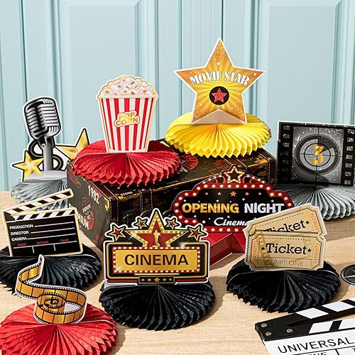 Miniatura 5 de Chinco 12 piezas de decoración de fiesta nocturna de cine, suministros de centro de mesa de panal de abeja 3D, micrófono, boleto, estrella, video,