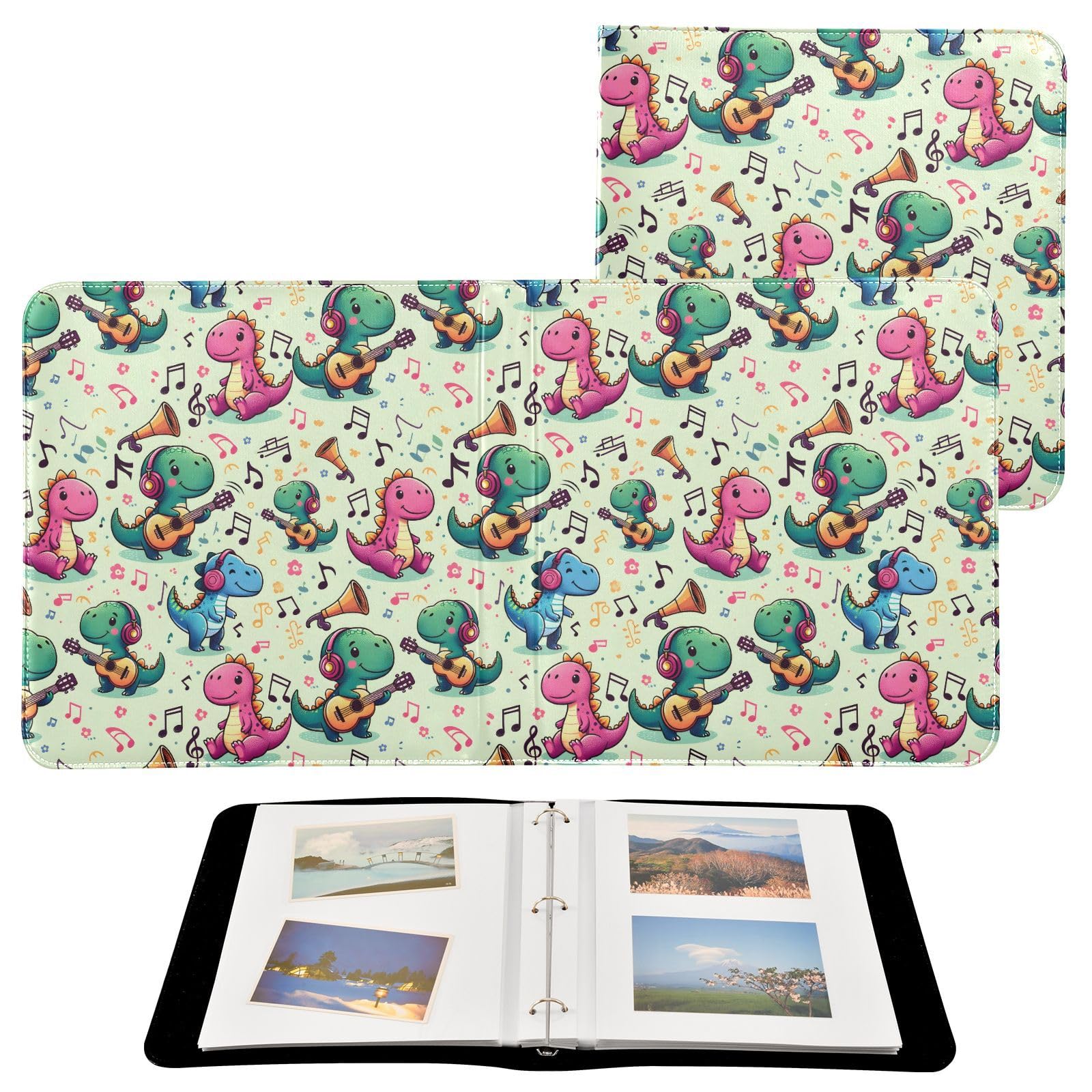 JIPONI Dinosaur for Music Large Photo Album, DIY Leather Cover Scrapbook Albums for 4x6 5x7 6x8 Pictures, Self Adhesive Memory Book for Wedding, Baby, Family