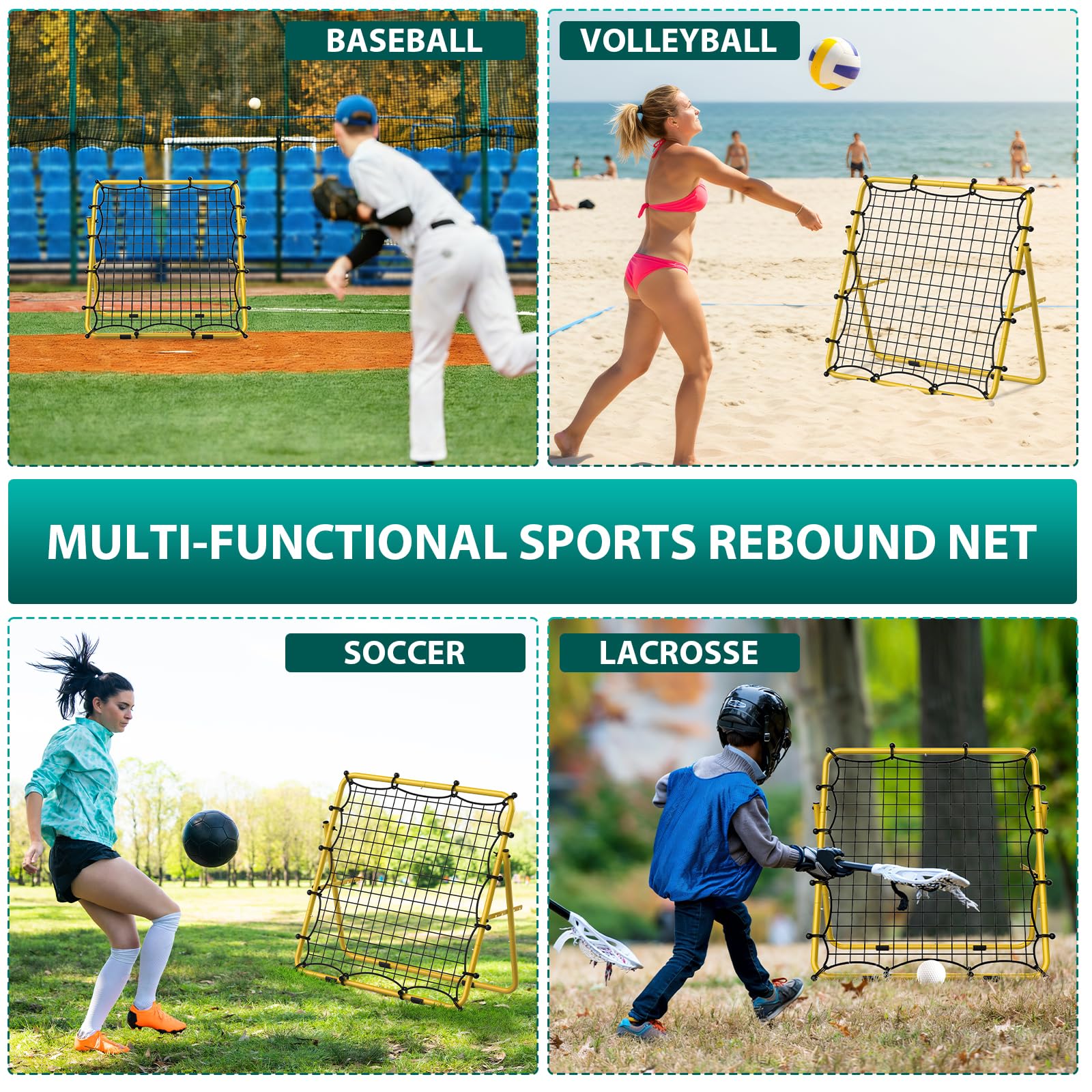 LIANTRAL Red de reboteo de voleibol portátil, dispositivo de entrenamiento para fútbol, voleibol, béisbol, objetivo ajustable para tiro, pasaporte y entrenamiento de control, color amarillo