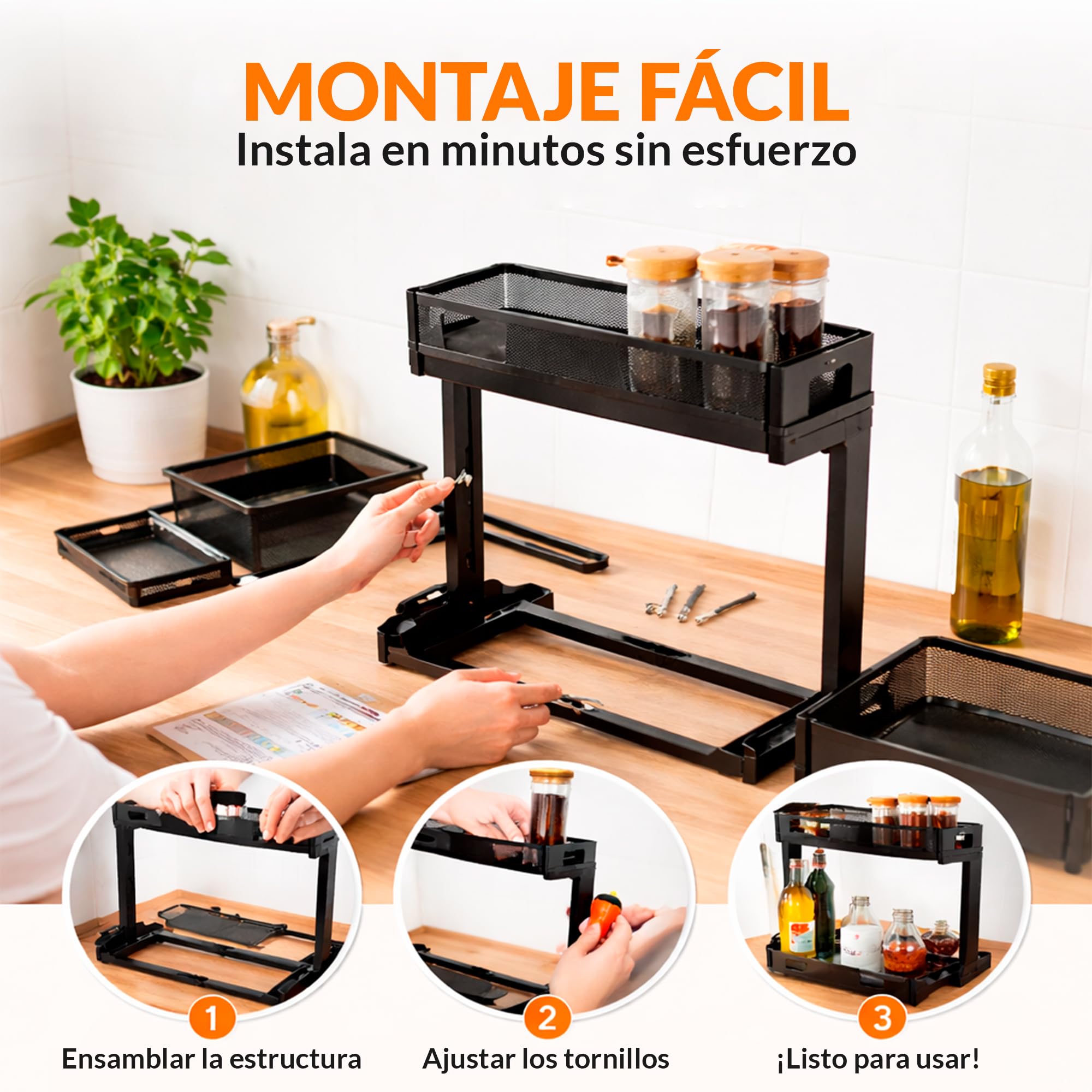 XARA Organizador Bajo Fregadero Metal Negro Pack 2 | Doble Altura, Bandejas Extraíbles