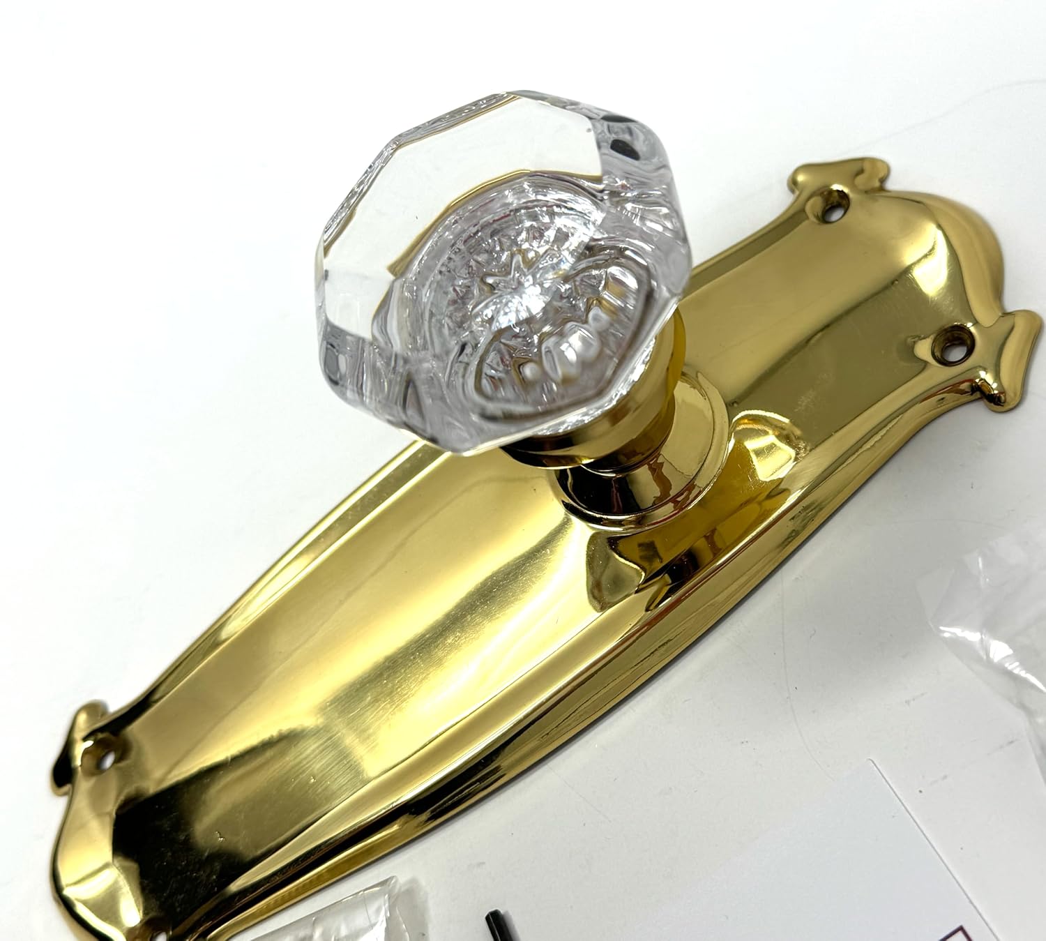 Crystal Door Knob with Tall London Backplate, Eight-Point Beveled Glass, Brass Finish, Dummy Spindle, Wood Mount, Gold, LON18-PB9sd