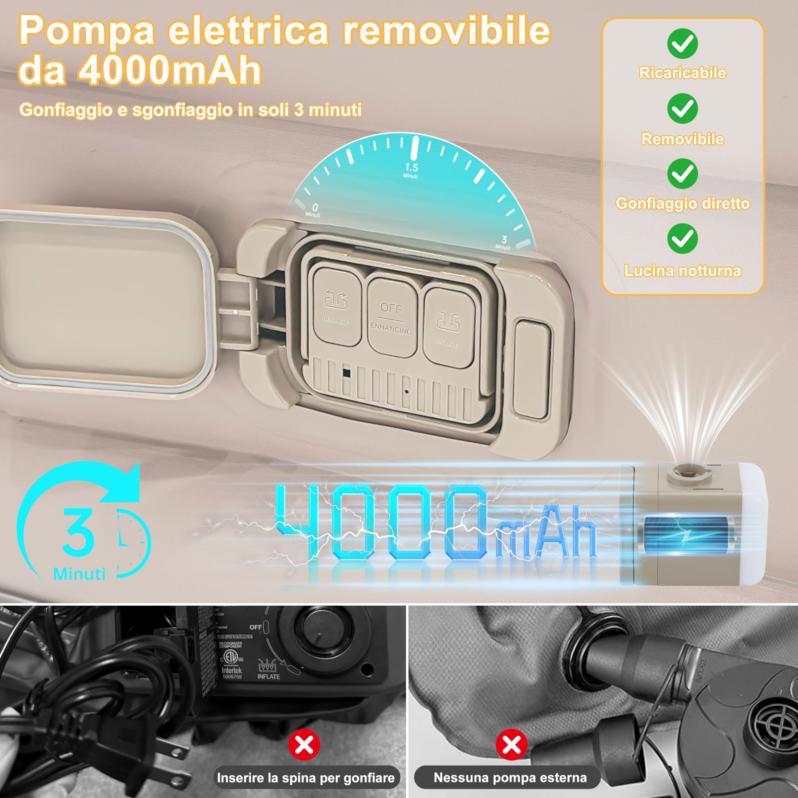 IEEILULU Materasso Gonfiabile, Portatile Letto Gonfiabile con Pompa Elettrica Integrata, Funzione Luce Notturna e Cuscino, Ideale per Campeggio o uso Domestico (Singolo)