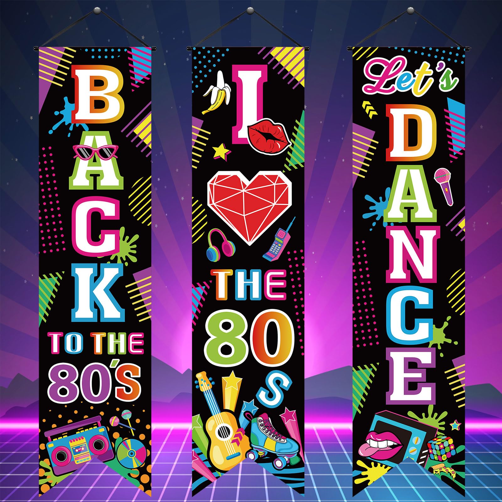 Chiisong 3 Pieces 80's Party Decorations Back to The 1980 Banners I Love 80s Porch Signs Hanging Backdrops for Home Bar Retro Theme Hip Hop Rock Disco