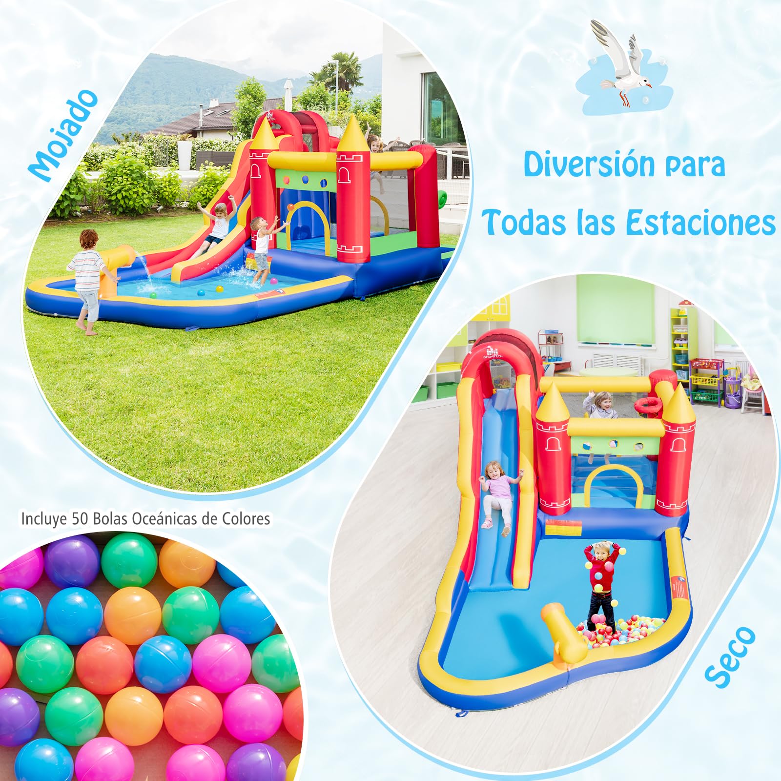 GOPLUS Castillo Hinchable Acuatico para Niños de 3-10 Años, Castillo Inflable con Tobogán Seco/Acuático, Canasta de Baloncesto, Pared de Escalada, Disco de Boxeo, Piscina Infantil, con Soplador