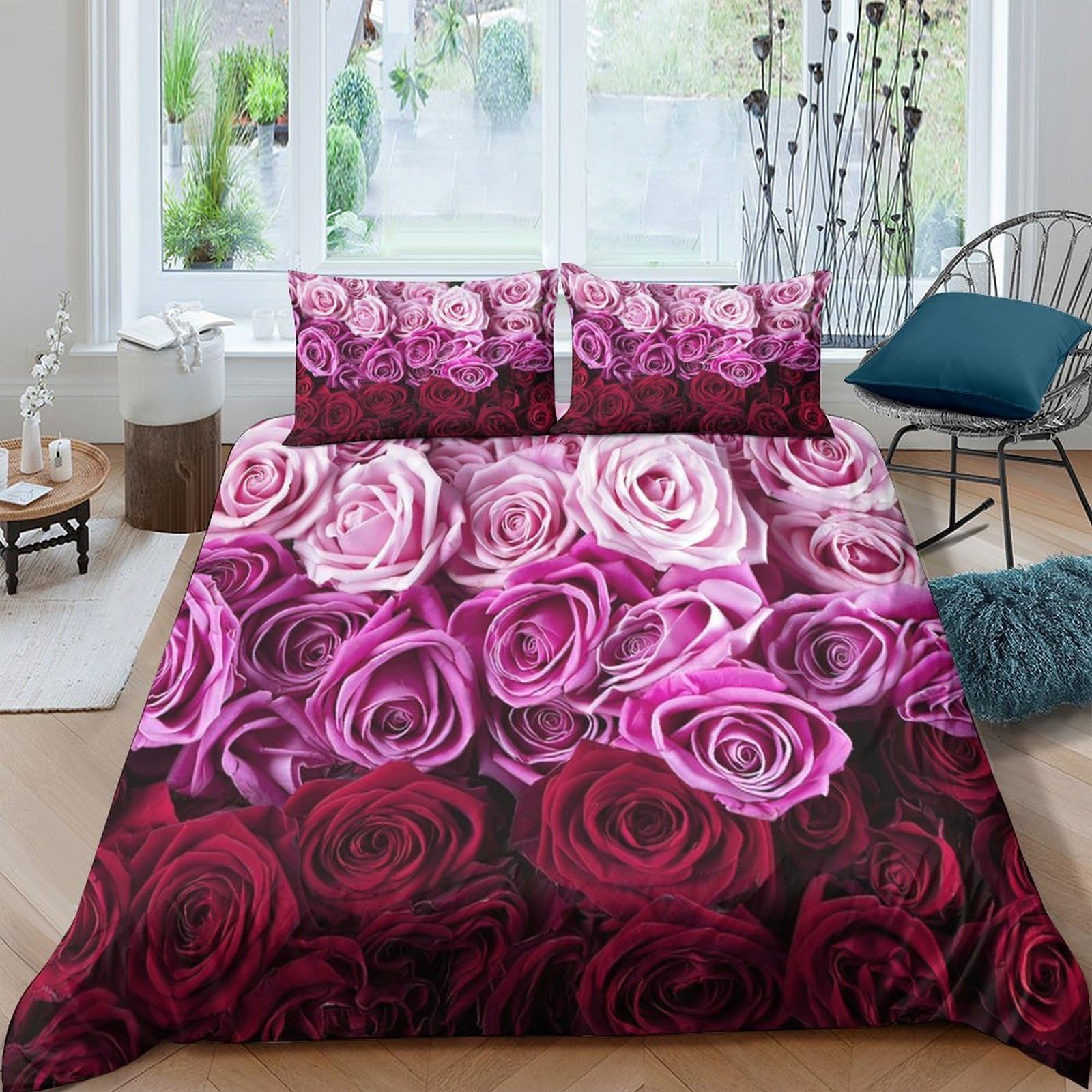 P5V6M1Q9 3D Printed Pink Rose Duvet Cover Set Microfiber Floral Bedroom Decor Red Flower Bedding with 2 Pillowcases for Home Single（135x200cm）