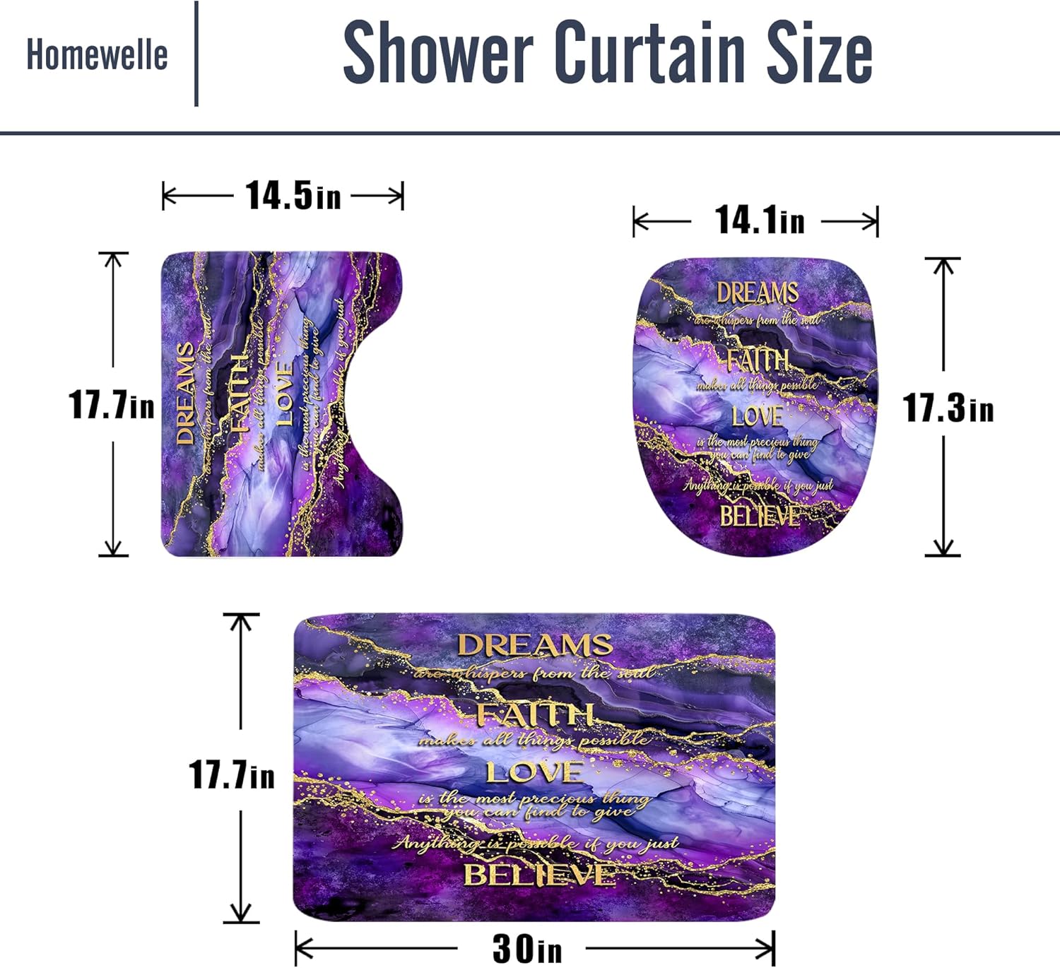 Homewelle 4 PCS Purple Gold Marble Shower Curtain Abstract Luxury Golden Bible Verse Aesthetic 72Wx72H Inch Elegant Fabric Decor Bathroom Rug Set Bath Mats Nonslip Washroom Decor Shower Accessories