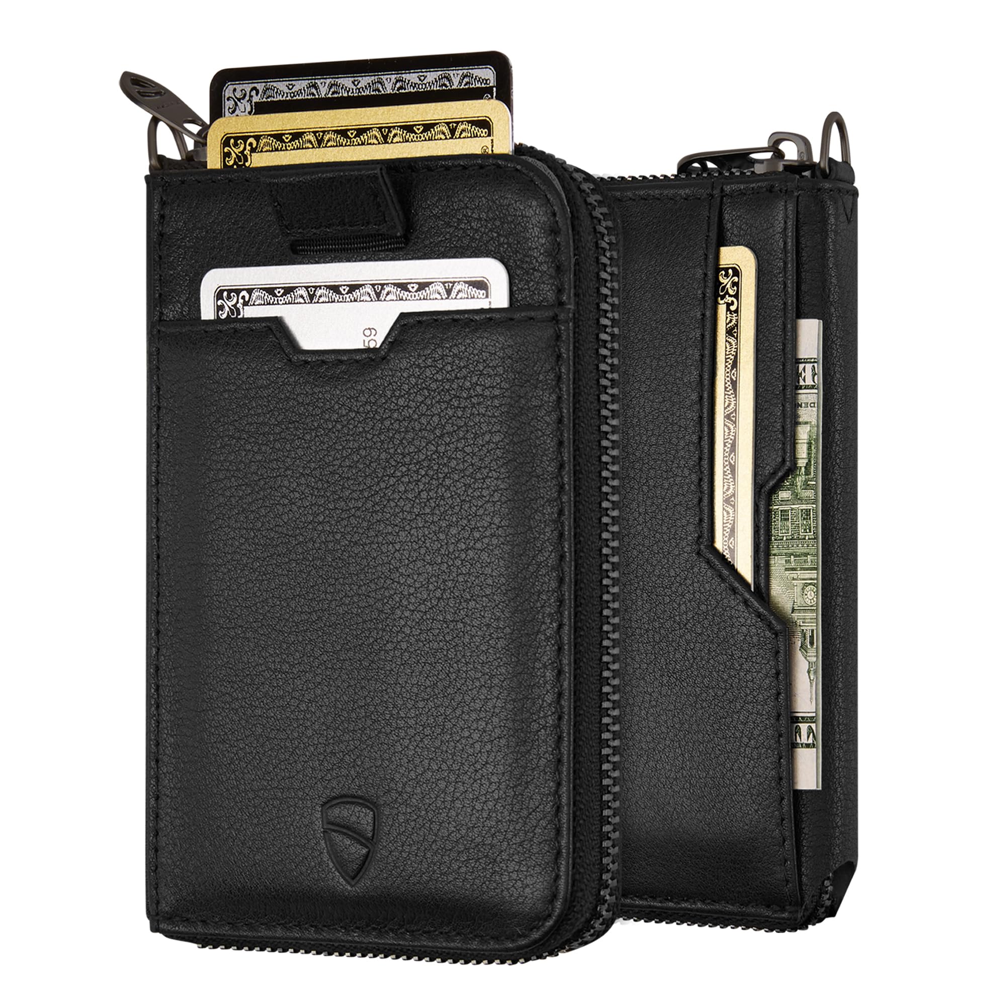 Vaultskin Notting Hill Leder Geldbörse mit Reißverschluss, RFID (Schwarz) | Kleines Portemonnaie für Damen, Herren, Portmonee klein, Münzfach, Schlüssel D-Ring, Mini Geldbeutel, 10 Karten, Geschenkbox