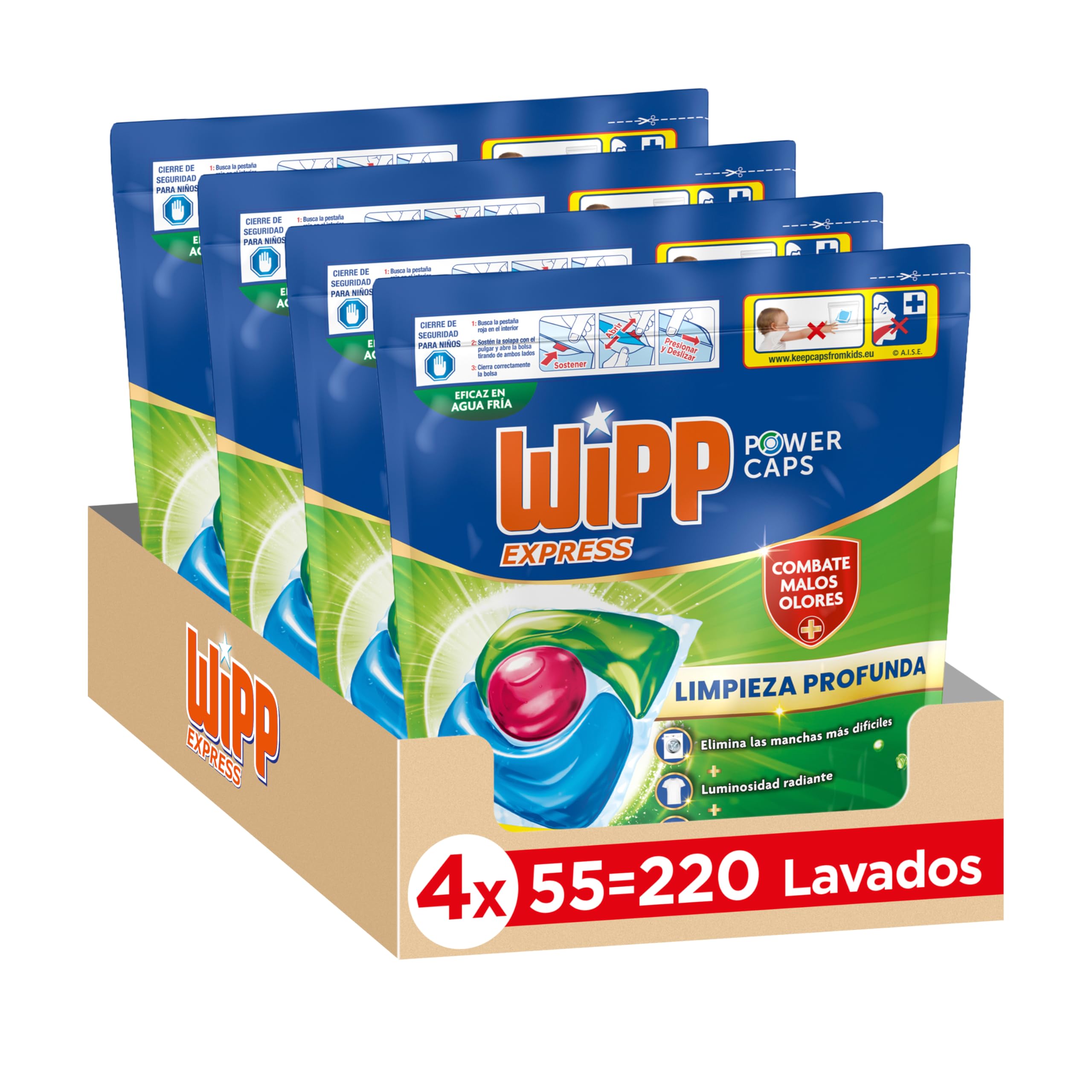 Wipp Express Power Caps Higiene y Antiolores Detergente en Cápsulas para Lavadora 55 Dosis (pack de 4; total: 220 dosis), Limpieza Profunda, Eficaz en agua fría