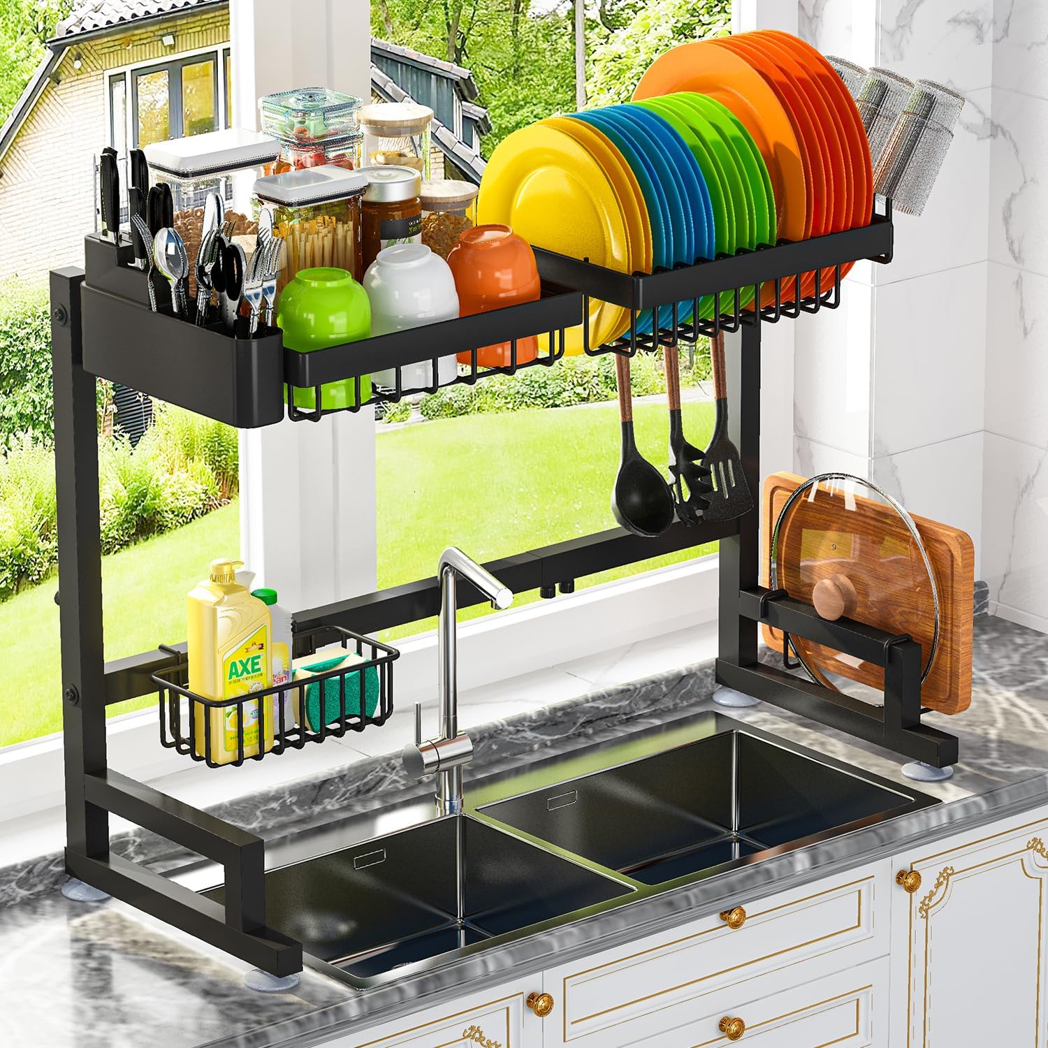 ADBIU 【Fit Sink 24.5"- 32" L】 2023 Version Over Sink Dish Drying Rack (Expandable Dimension) Snap-On Design 2 Tier Large Kitchen Dish Rack Stainless Steel Counter Organization and Storage