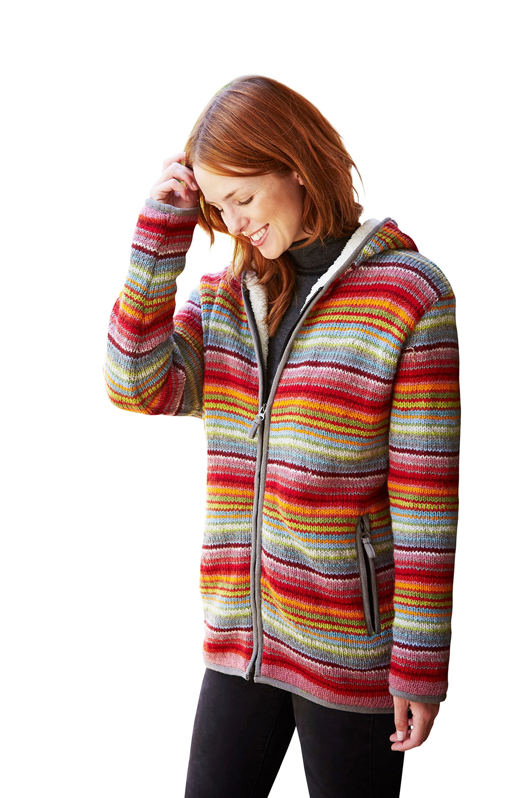 Sudadera con capucha de lana con cremallera para mujer, forro polar, tejido a mano, multicolor, hecho a mano, extra cálida, Pachamama Fair Trade