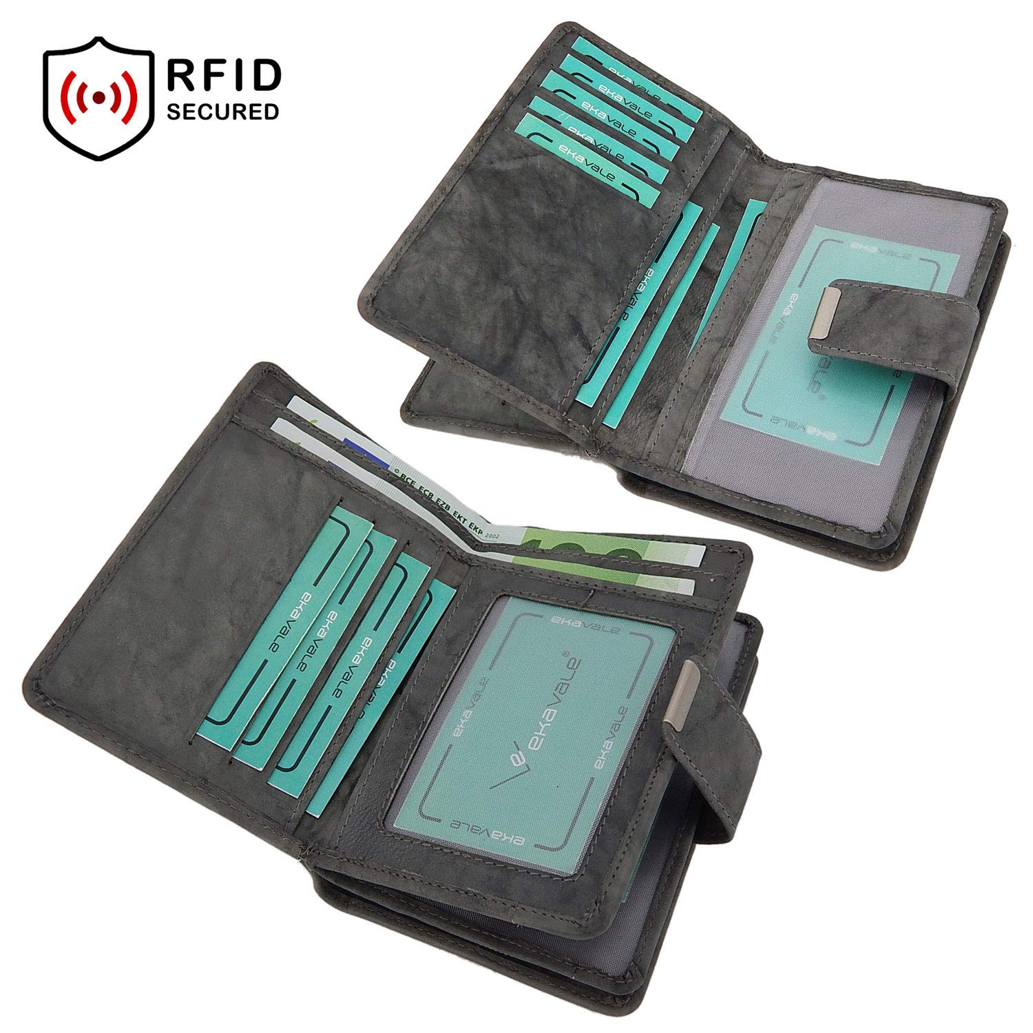 ekavale Damen Geldbörse aus weichem Leder mit RFID-Schutz - Damen-Portemonnaie (Grau)