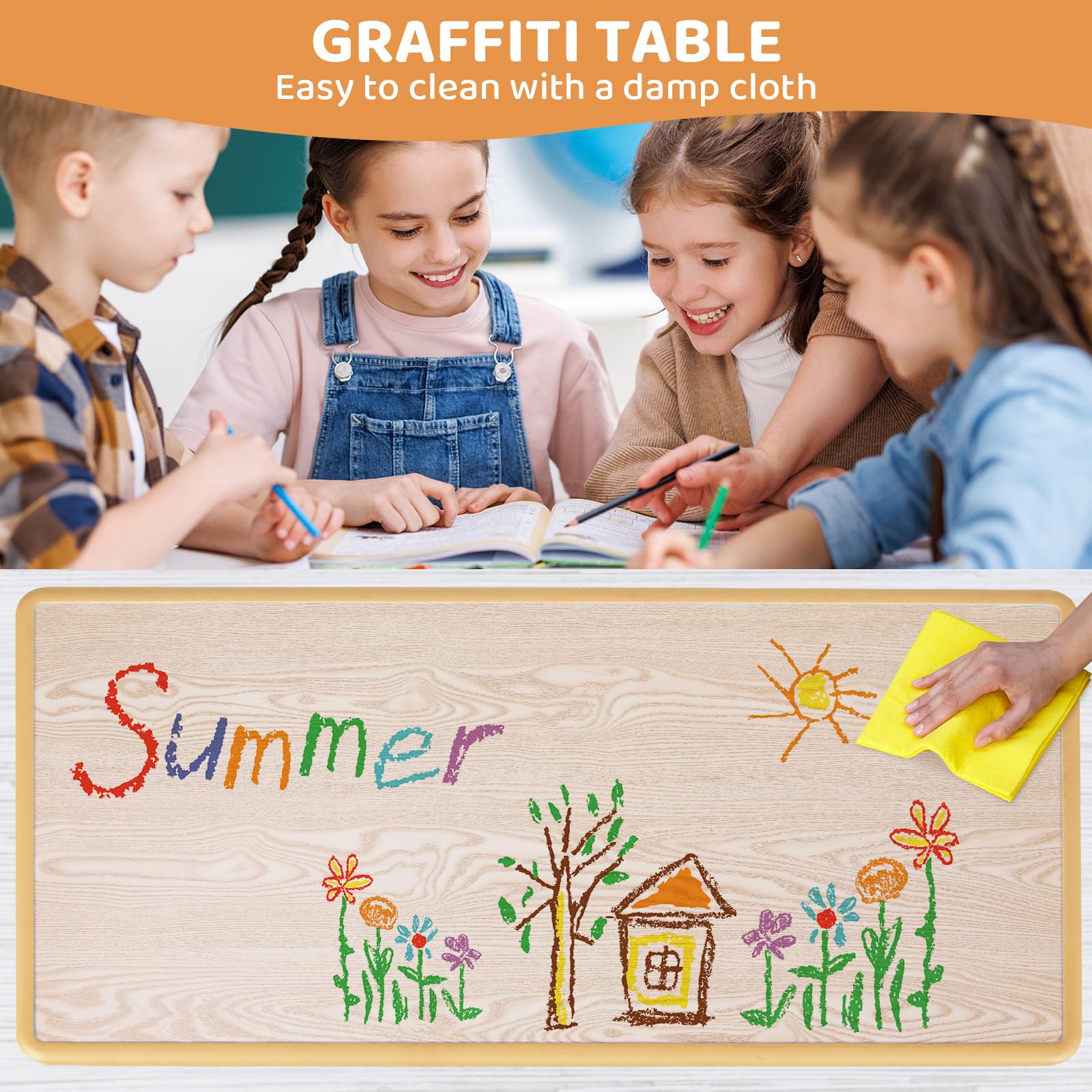 Clevich Mesa Infantil con 6 sillas, Juego de sillas para guarderías y Habitaciones Infantiles, Altura Regulable, Muebles Infantiles de plástico, Grupo de Asientos para niños y niñas, Amarillo