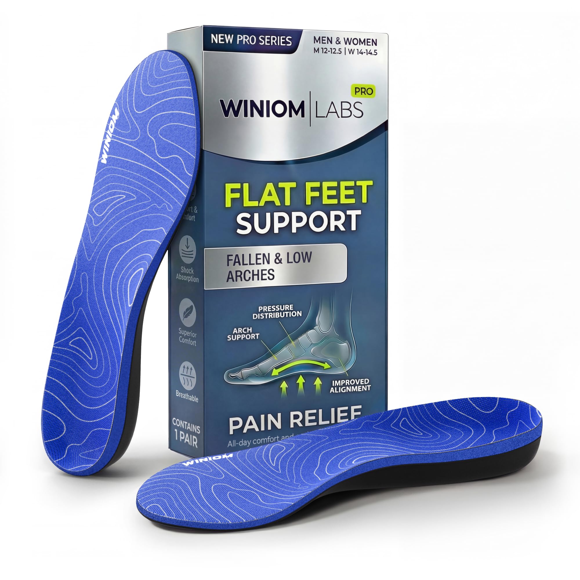 Orthotic Insoles for Plantar Fasciitis - Arch Support, Shock Absorption, Shoe Inserts for Men &amp; Women - Relieve Heel &amp; Foot Pain, Ideal for Flat Feet (Geo Blue, M 11-11.5 / W 13-13.5)
