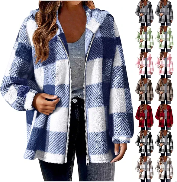 Kvture Hoodies for Women Fleece Zip Up Hoodie Checkered Sherpa Jackets Plaid Shacket Womens Sweatshirt Winter Coat Fuzzy Hooded Jacket Trendy Fall Clothes Long Sleeve Shirts Tops Warm Plush Outerwear