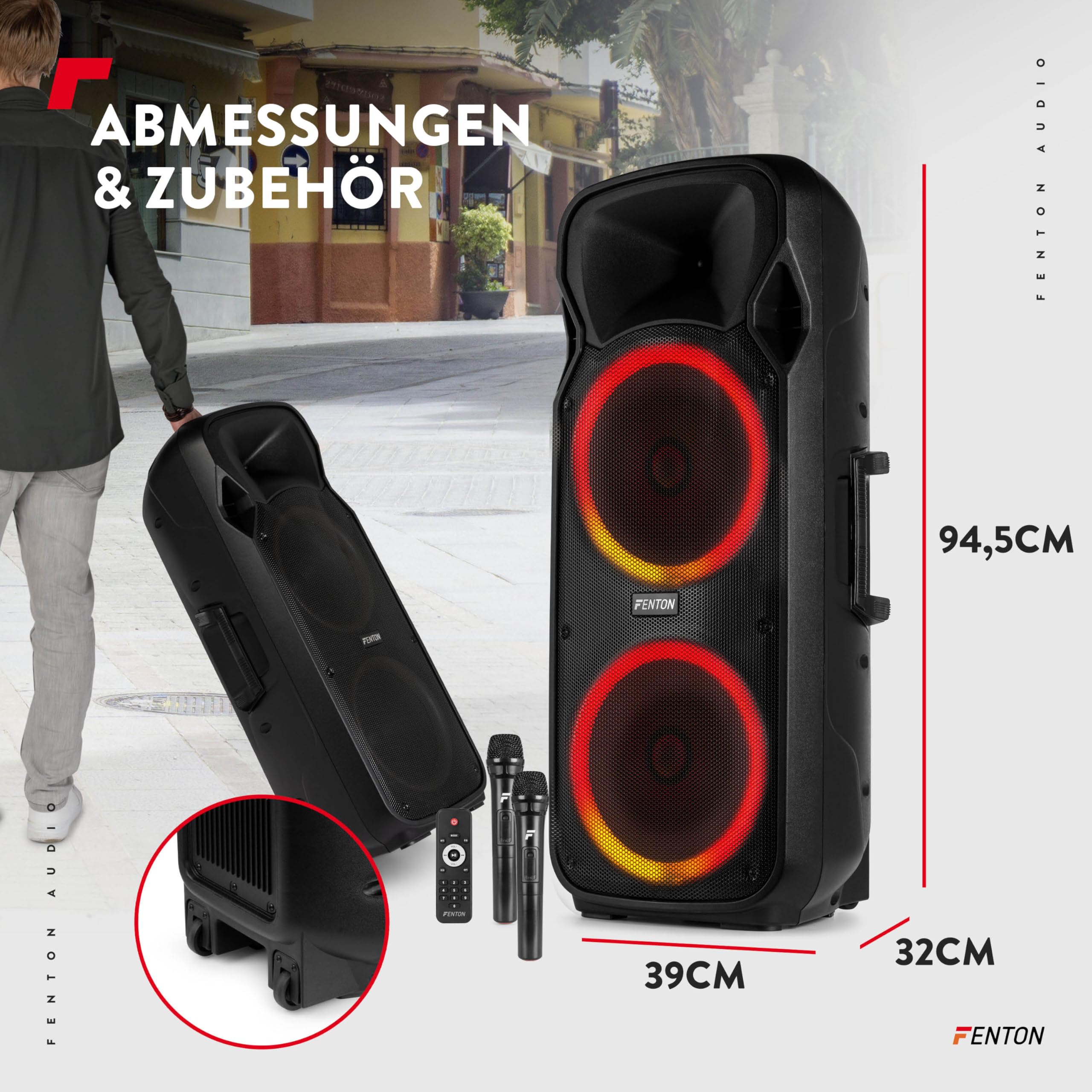 Fenton FT212LED MK2, Partybox Bluetooth Lautsprecher Groß 1400W, Musikbox Bluetooth Groß, 15" LED Subwoofer, Mikrofon, Akku- Netzbetrieb, AUX Eingang, USB Media-Player, Stereo-Pairing, Party Box