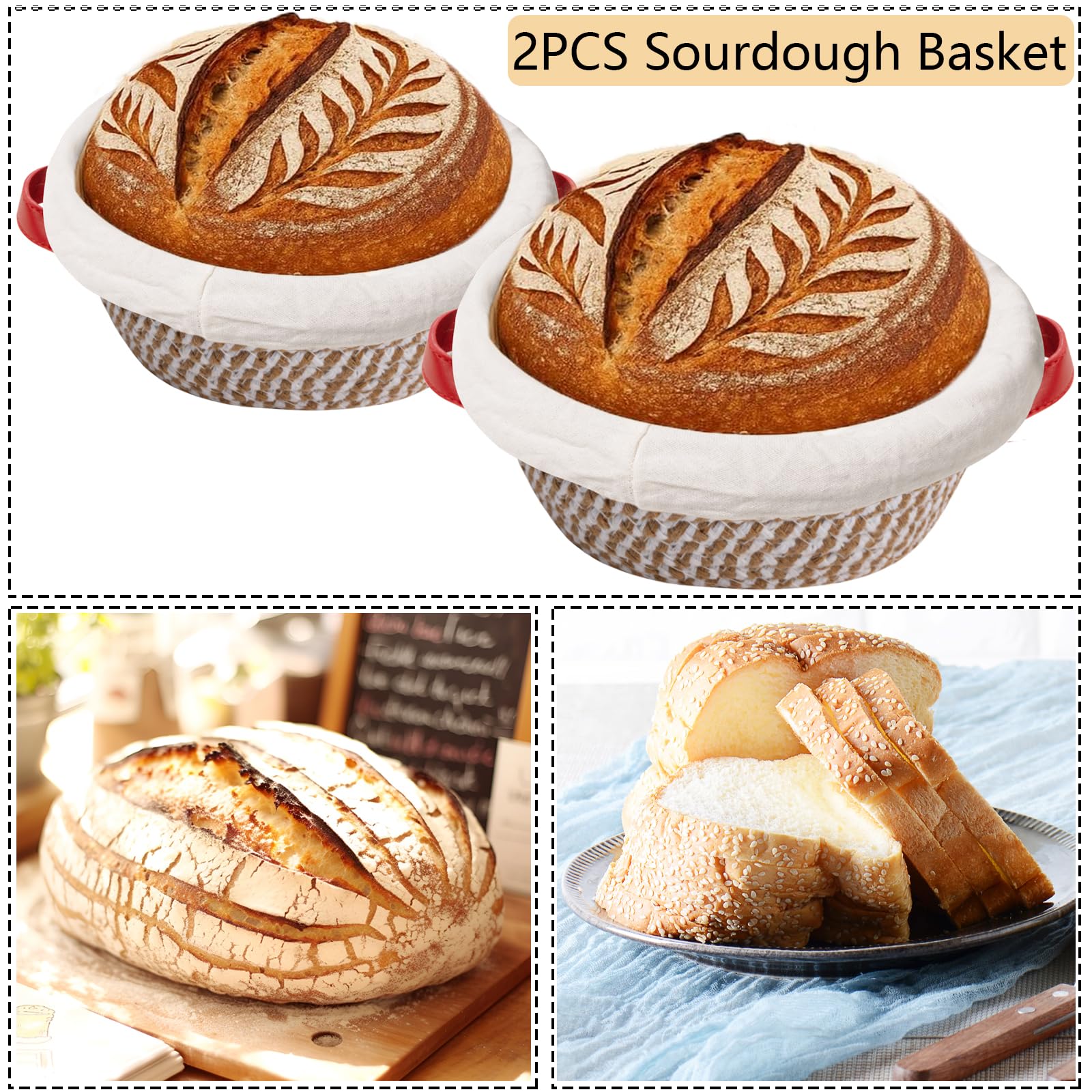 2 Banneton pour Pain,Panier de Fermentation en Coton Tissé avec Doublure en Lin,Grattoir,Brosse en Silicone,Tapis de Cuisson,Coupe-pâte,Fouet à Pâte