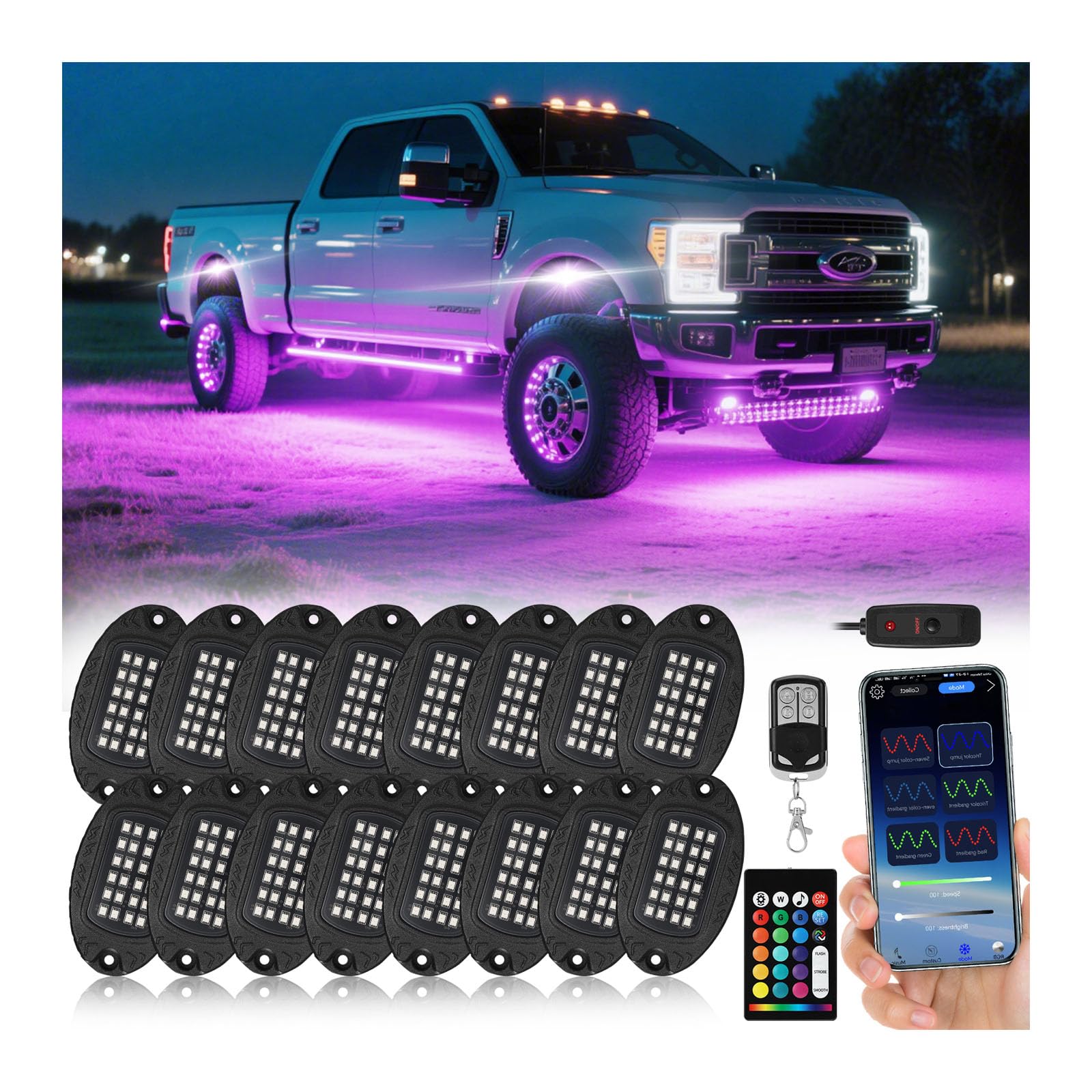 Photo 1 of 16 Pods Segmented Alloy RGB LED Rock Lights for Trucks Jeeps Trailer Pickup Offroad RV Boat UTV, Waterproof Shockproof Metal Underglow Kit with APP RF Control, Multicolor Neon Underbody Fender Light