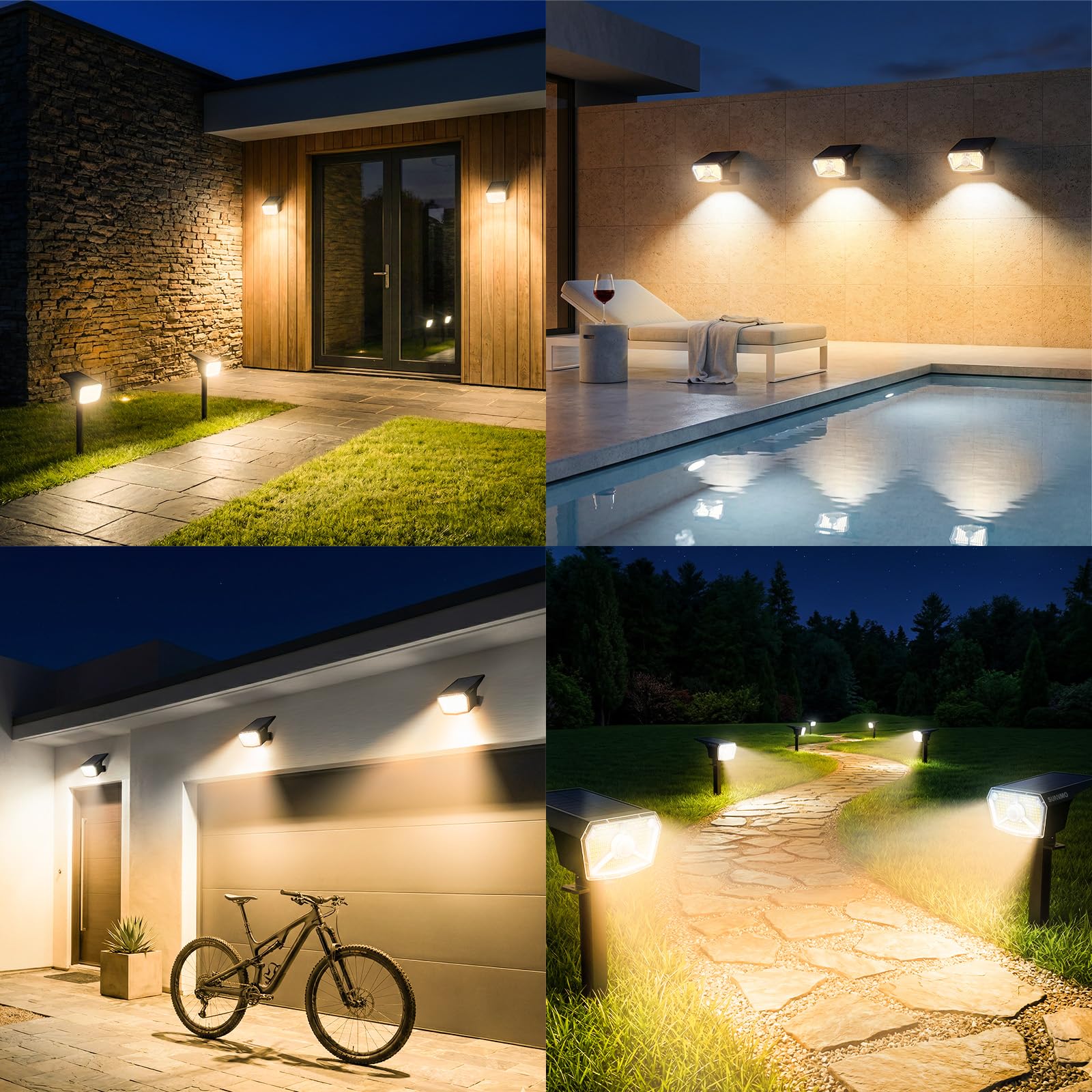 Solarlampen für Außen mit Bewegungsmelder, Solarleuchten Garten 104 LED 3Modi Wetterfest IP65 Wasserdicht, Solar Gartenleuchten Solarstrahler für Außen Garten sehr Hell Warmweiß 3000K, 4 Stück