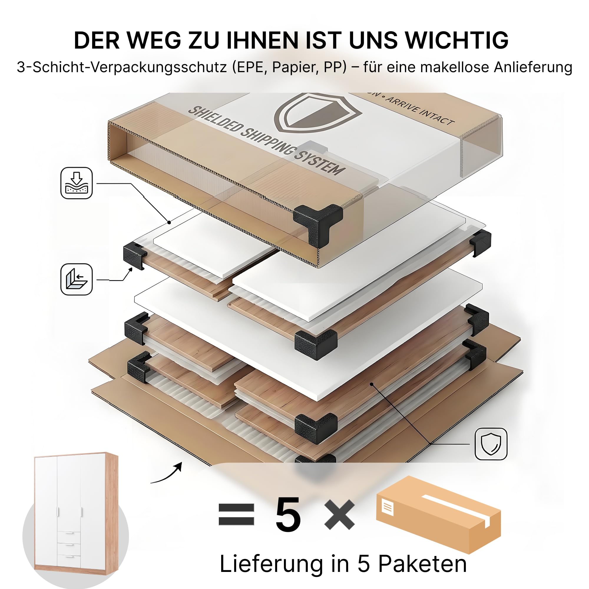 Kleiderschrank 3-türig Weiß & Eiche-Optik Drehtürenschrank | Schlafzimmerschrank Mehrzweckschrank 2 Kleiderstangen 4 Fächer 3 Schubladen 176x120x52 cm Stauraum