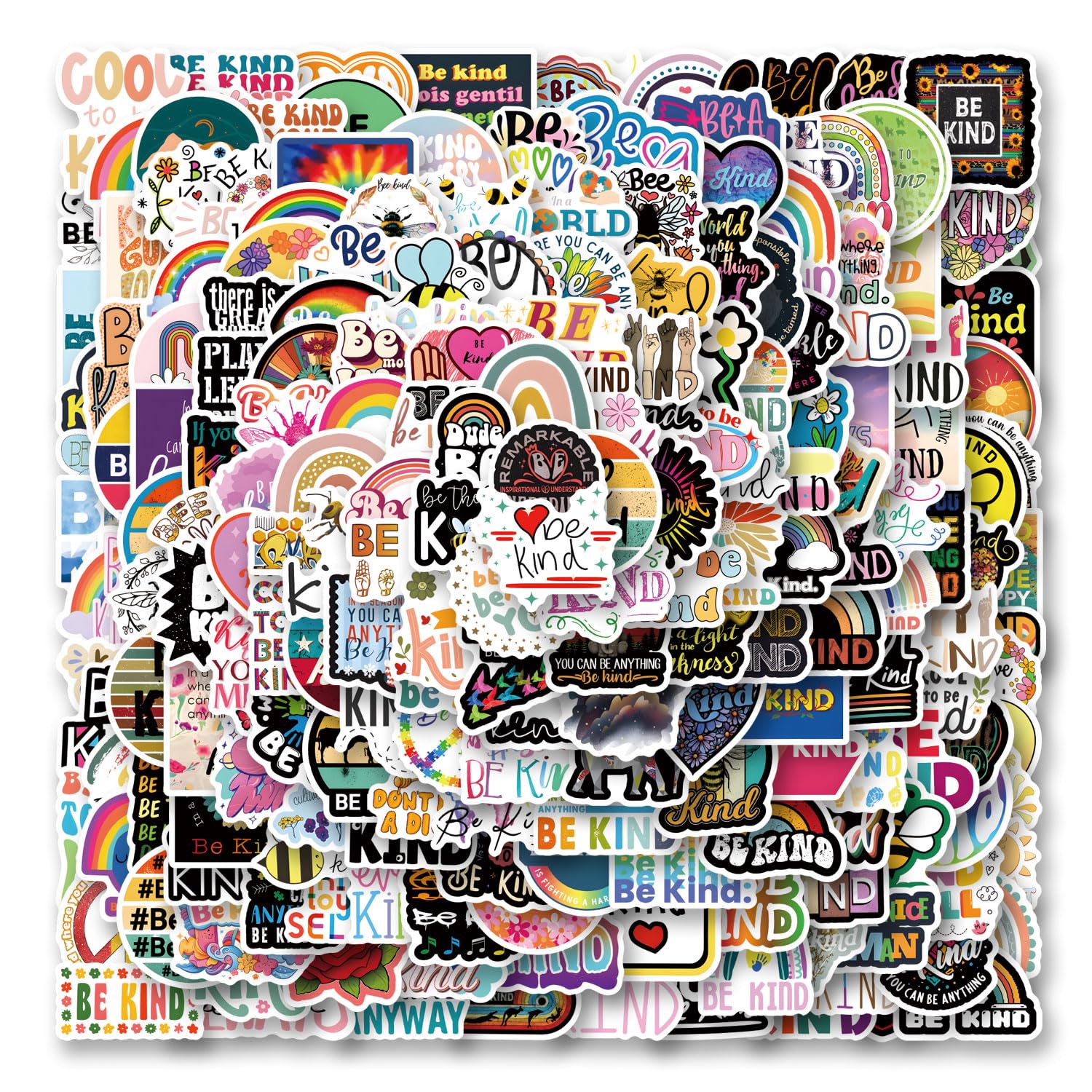 200pcs Be Kind Stickers Pack, Aesthetic Vinyl Waterproof Cute Cartoon Stickers Bulk for Scrapbook Laptop Luggage Water Bottle Tooth Shaped Graphics