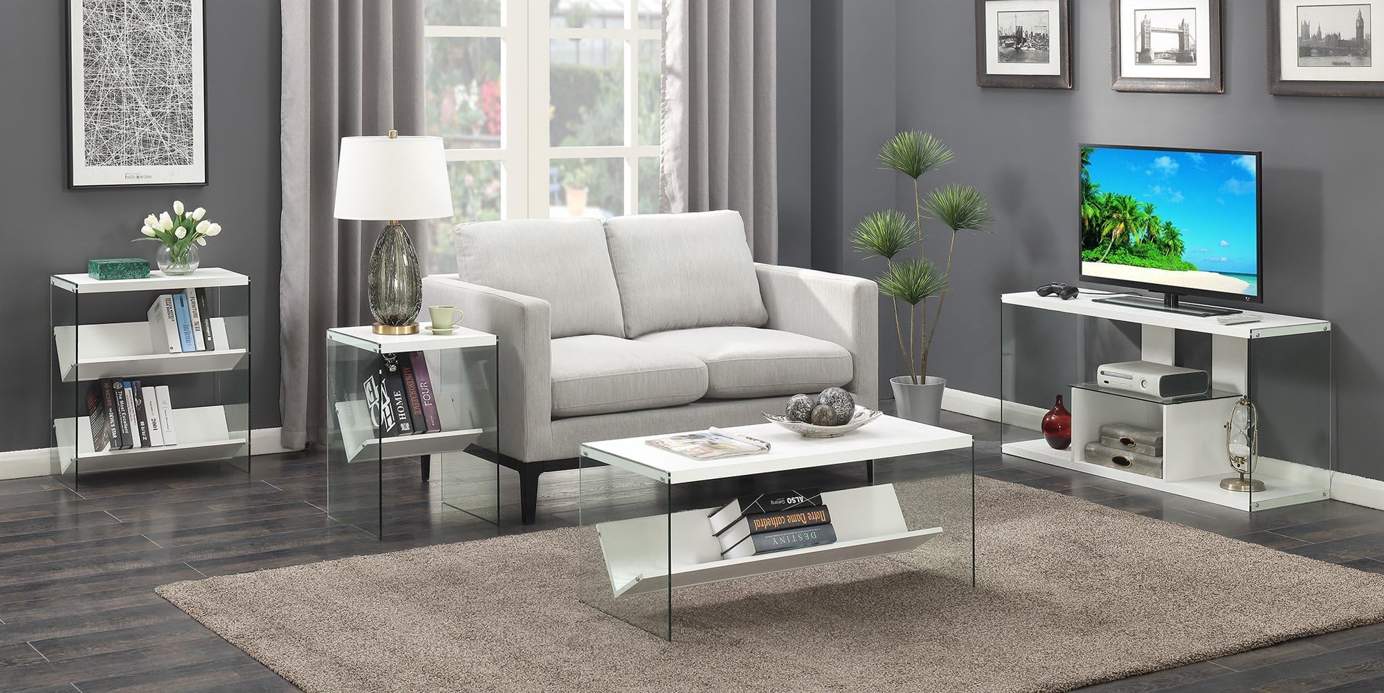 Convenience Concepts SoHo - Escritorio de cristal con 1 cajón, 36 pulgadas, color blanco