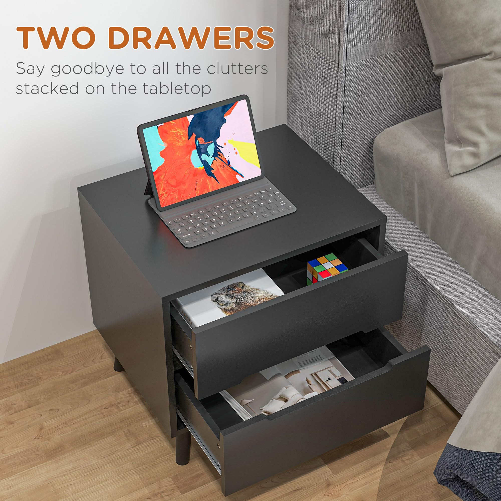 Beistelltisch Nachttisch Mit 2 Schubladen Schubladenschrank Nachtschrank Nachtkommode Fuer Kleine Raeume Sofatisch Mit Kippschutz Mdf Schwarz 48 X 40 X 61 Cm 1152791