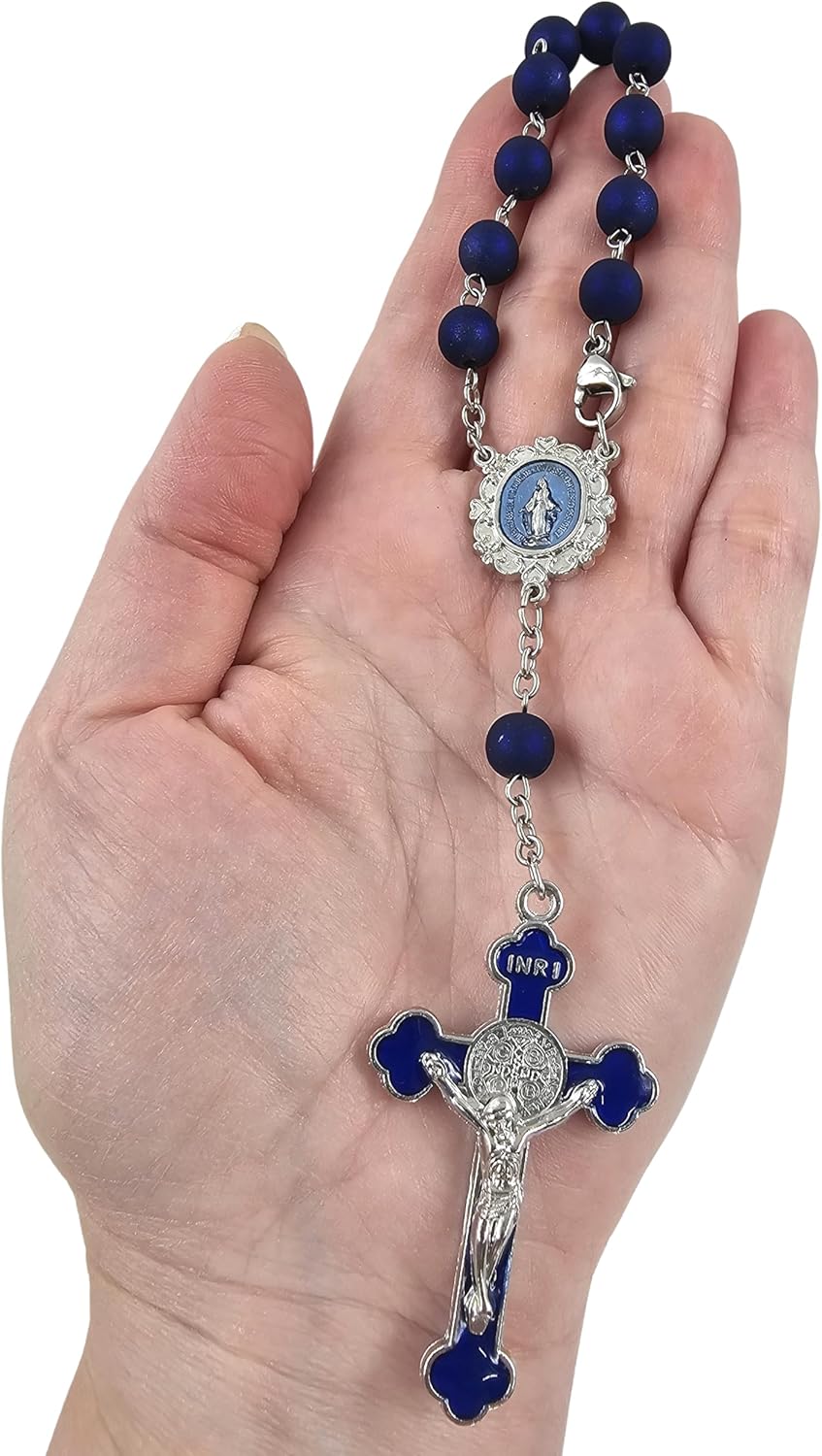 TALISMAN4U Saint Benedict One Decade Car Rosary for Rearview Mirror Virgin Mary Medal Deep Blue Rosary Beads Catholic Evil Protection Auto Rosary for Women Men - Image 4