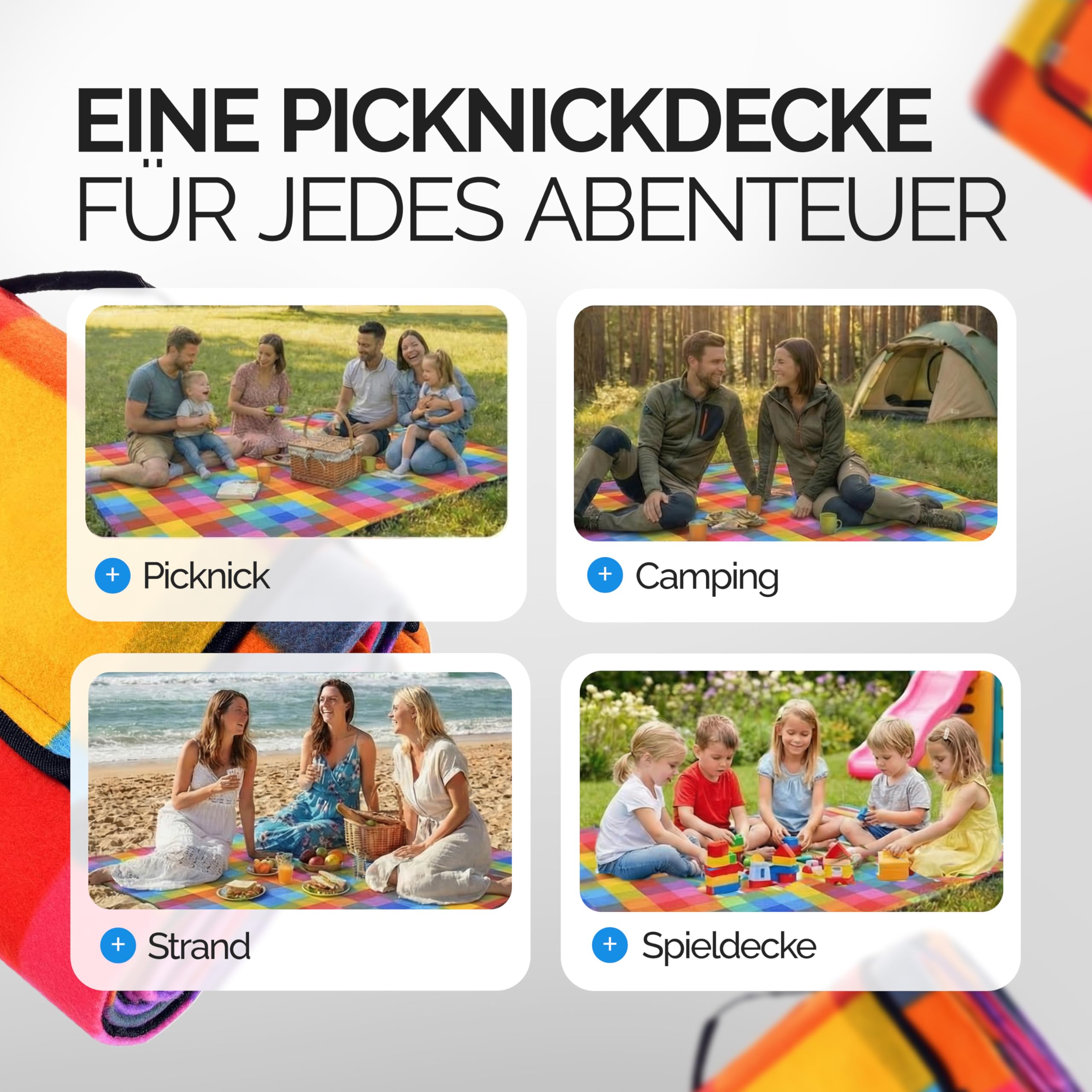 DETEX Picknickdecke Campingdecke XXL 200x200 cm Wasserdicht Wärmeisoliert Waschbar Fleece Faltbar für 4-6 Personen Garten Stranddecke Pixel
