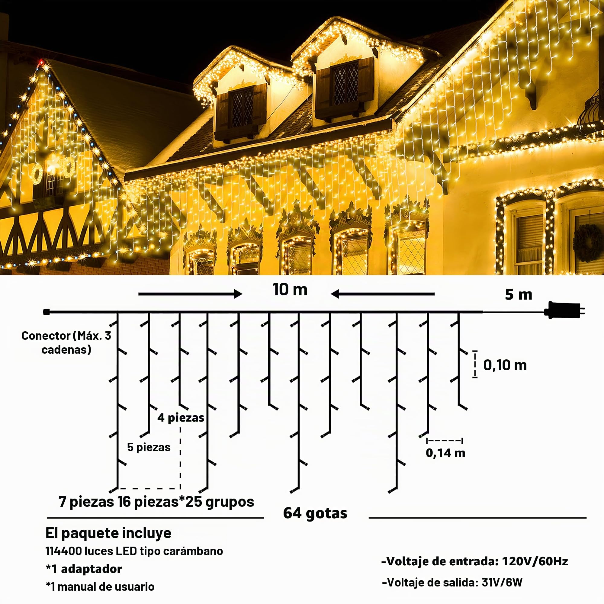 Cortina Luces Navidad Exterior, 10M 400LED, Guirnalda Cascada Prolongable Con Temporizador, Función de Memoria, 8 Modos, Decoración para Jardín Ventana Bar Boda - Blanco Cálido