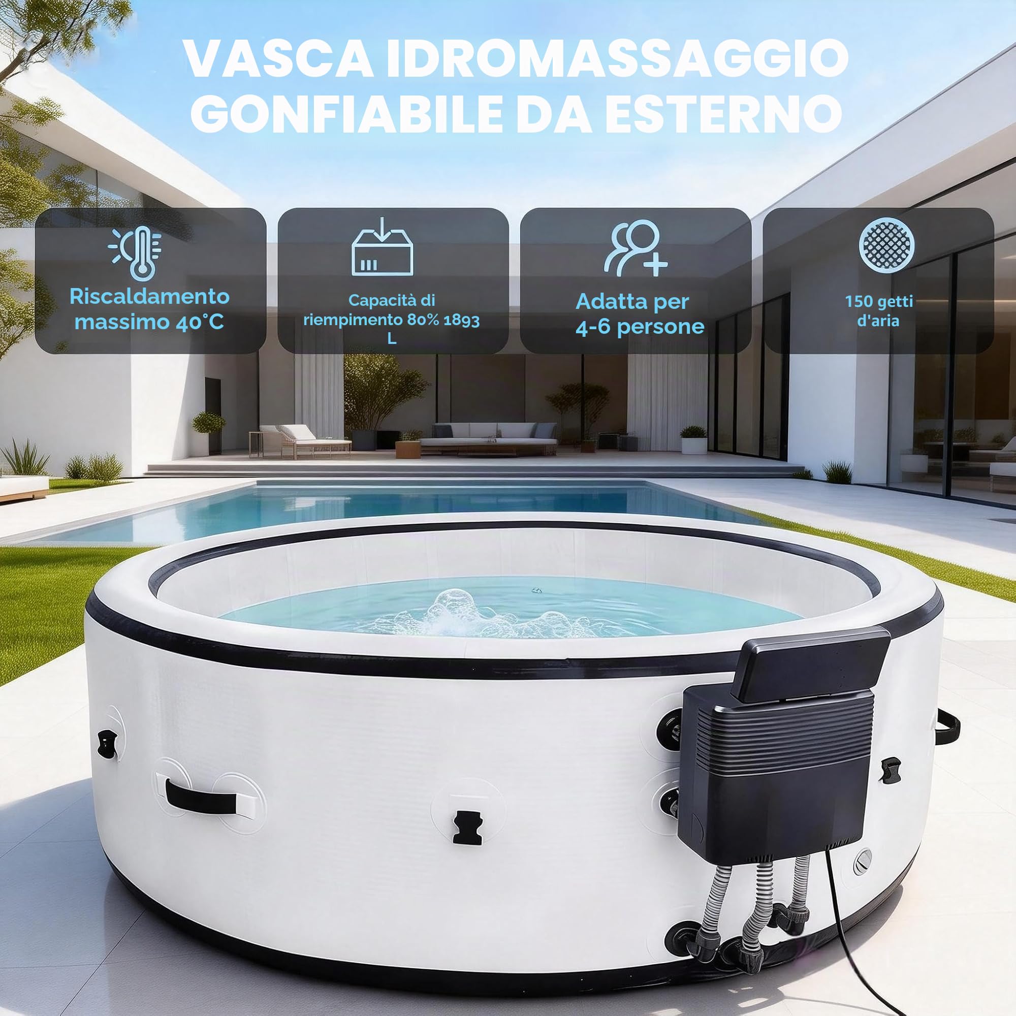 Vasca idromassaggio gonfiabile per 4-6 persone, spa rotonda portatile con massaggio a bolle e pannello di controllo digitale, perfetta per uso interno/esterno in cortile, patio o bordo piscina