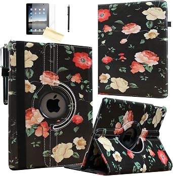 Smart Case for iPad 2nd 9.7/ 3rd 9.7/4th 9.72012 Generation, Rotating Stand Magnetic Cover for iPad 2/3/4 A1395 A1396 A1397 A1403 A1416 A1430 A1458 A1459 A1460 Black Flower