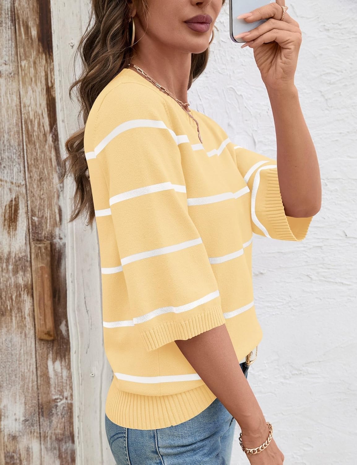 LOMON Womens Sweaters Casual Fall 2025 Crew Neck Striped 3/4 Sleeve Lightweight Knit Trendy Pullover Sweater Tops S-XL - Image 5