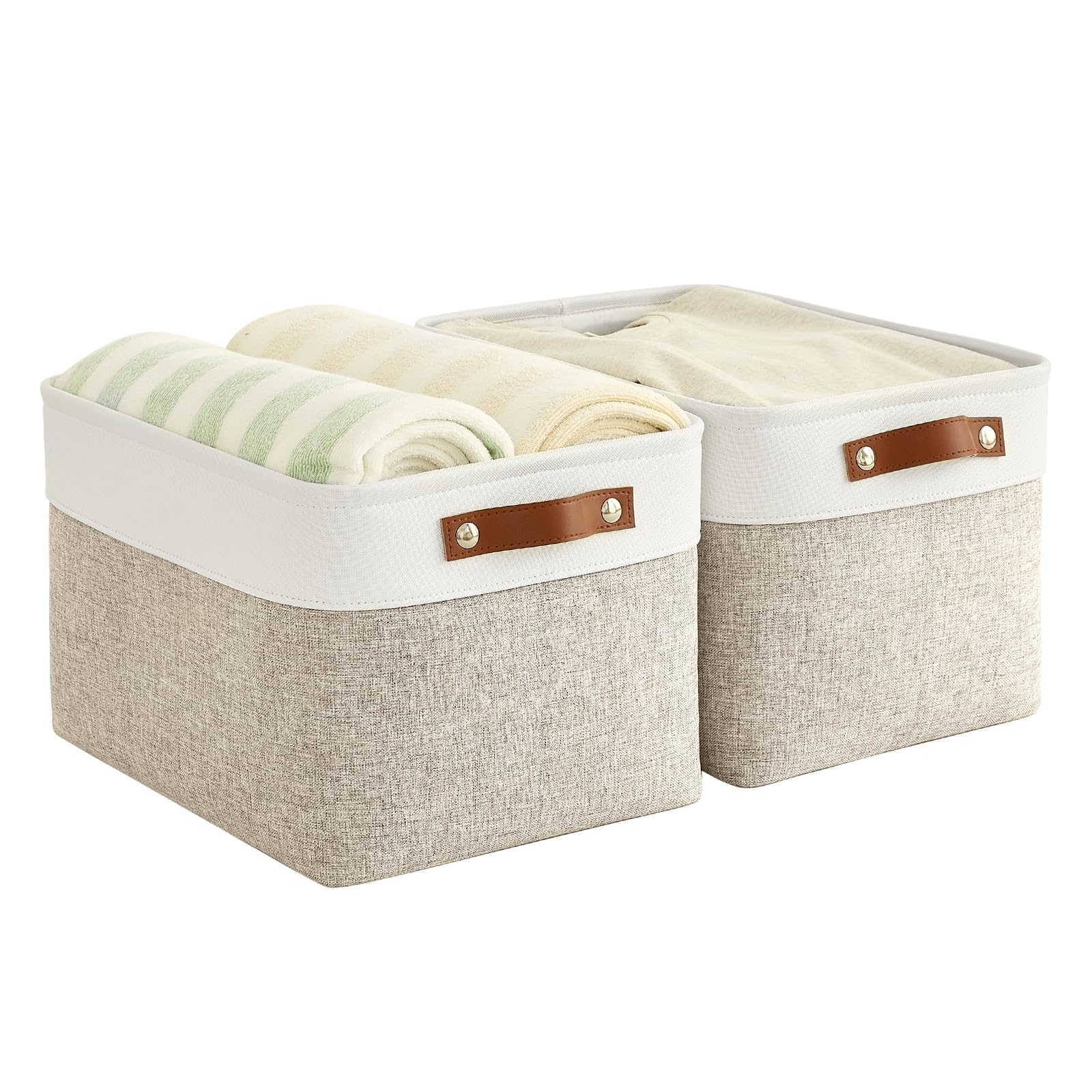 Bagnizer Foldable Storage Baskets for Shelves Closet 2PCS Fabric Large Organizer Box Bins with Handles Waterproof Canvas Box for Clothes, Pet Toys, Office Products, Bedroom 38x28x24CM Beige & White