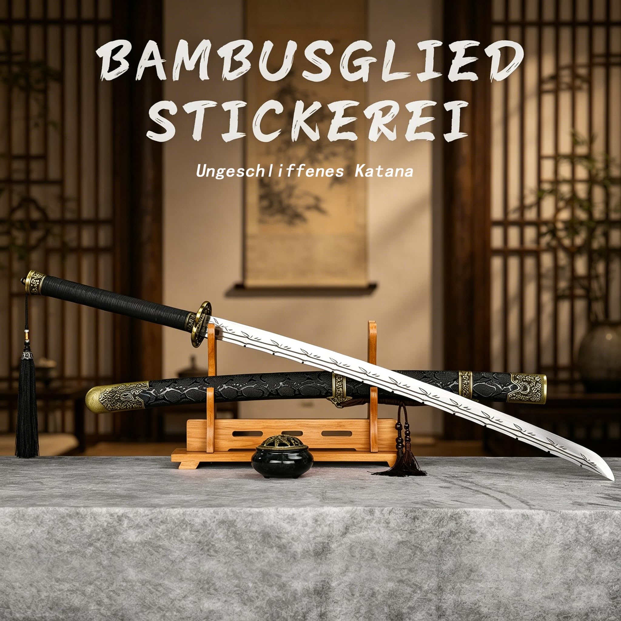 Katana Samuraischwert 104cm Nicht geschärft – Deko Schwert aus Edelstahl mit Bambusmuster, Schwarze Massivholz-Scheide, Japanisches Dekoschwert für Sammler, Cosplay & Geschenk