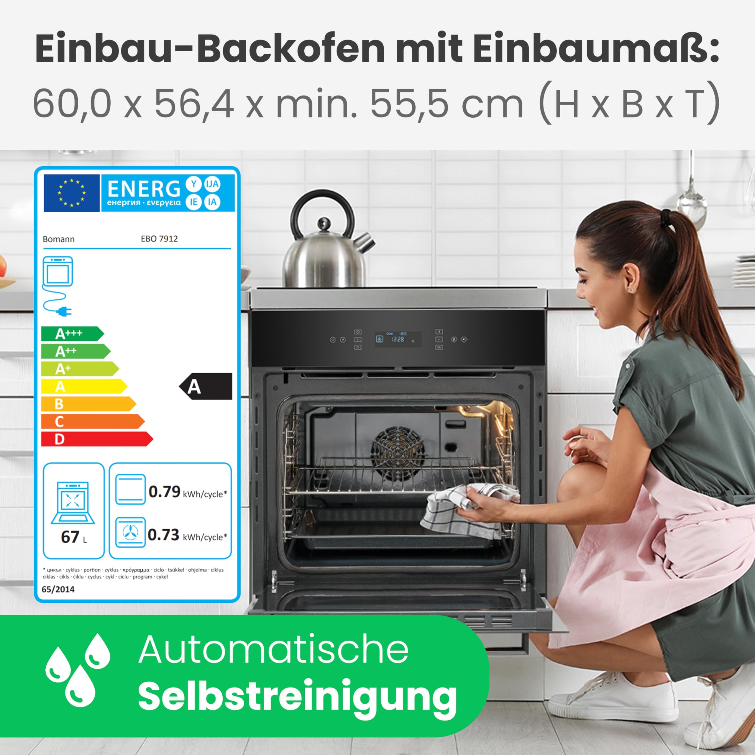 Bomann EBO 7912 Einbau-Backofen mit Pyrolyse 67L Touch-Display 50–280°C Energieklasse A schwarz
