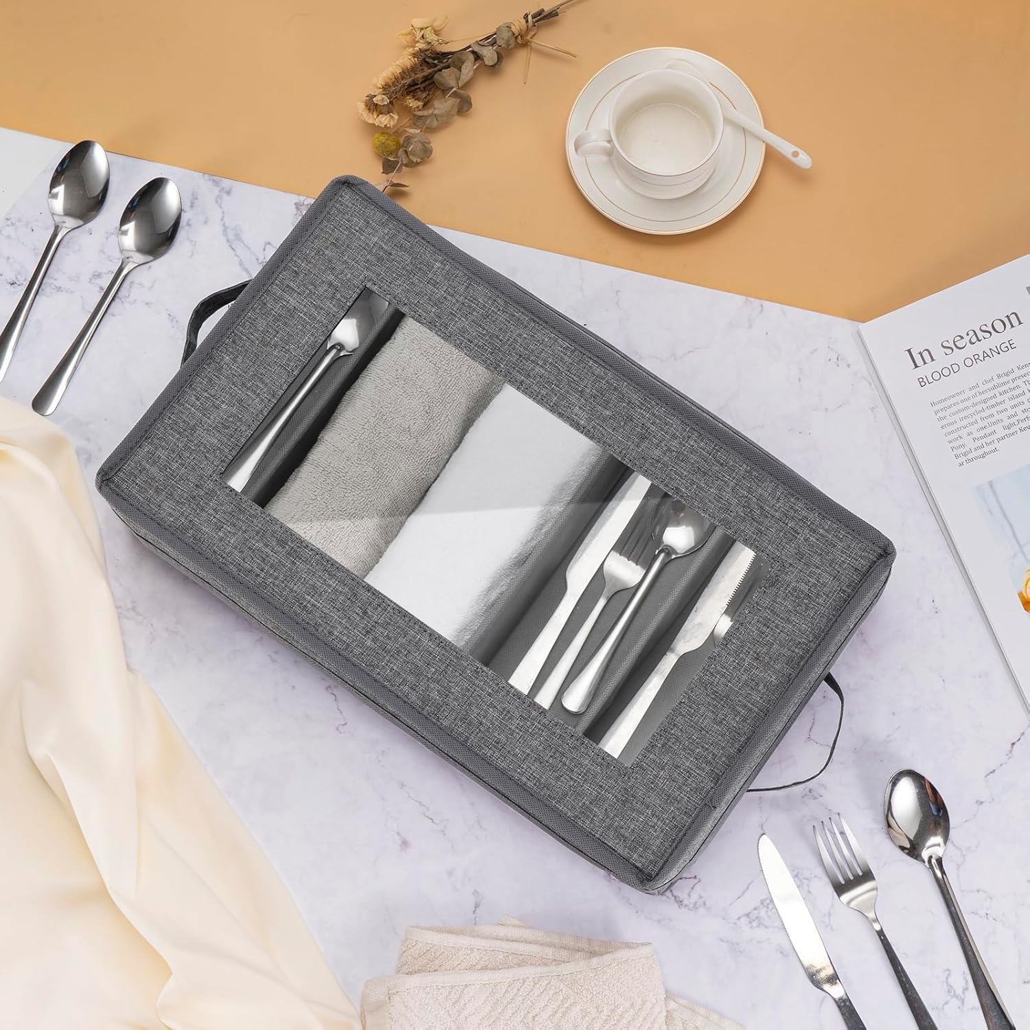 Caja de almacenamiento de cubiertos, 2 unidades, almacenamiento de cubiertos, almacenamiento de utensilios con tapa extraíble y separadores ajustables para organizar utensilios, cubiertos