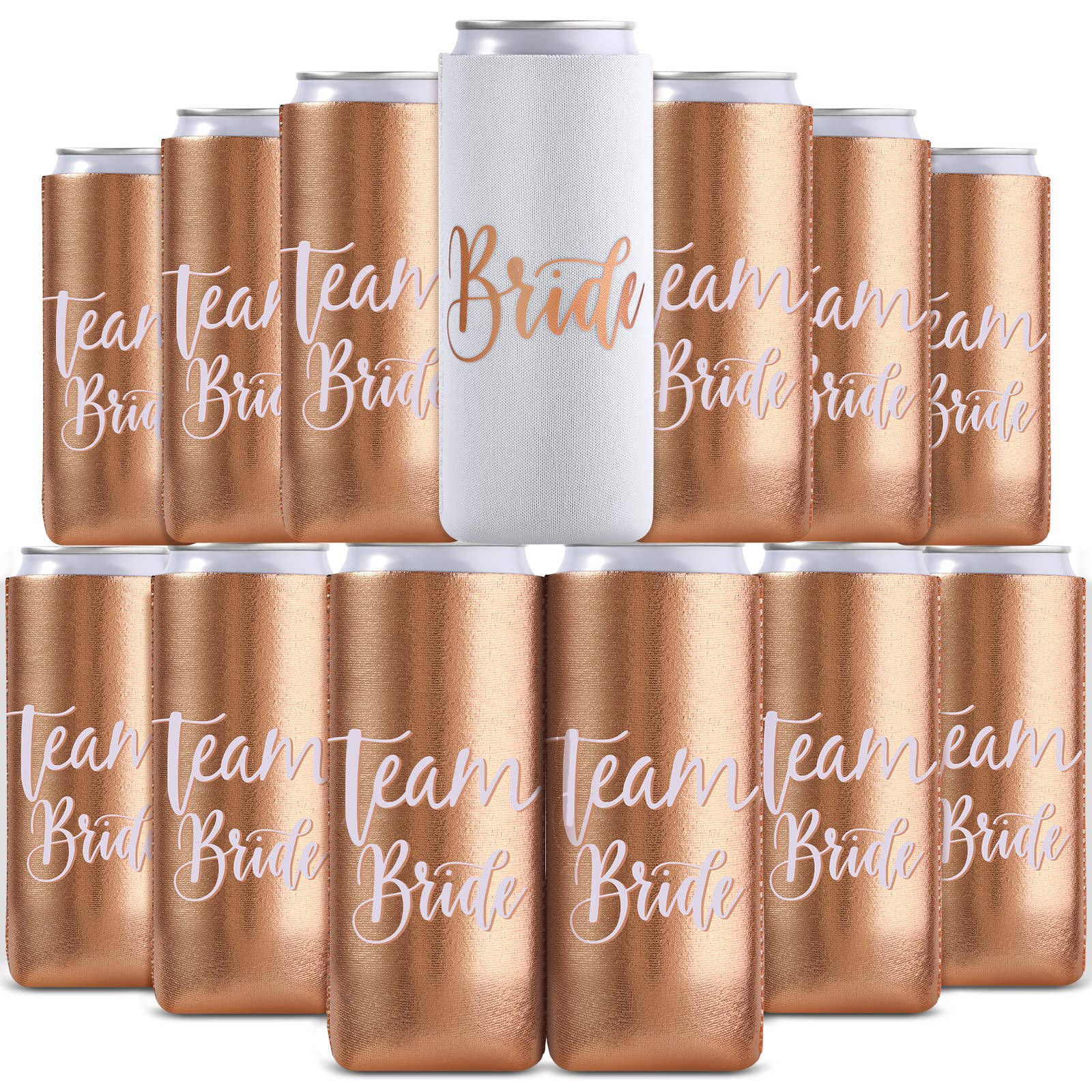 Bachelorette Slim Can Cooler Sleeves for Bridal Party 13 Pcs Bride Can Cooler Skinny Can Sleeves for Bachelorette Party Favor Bridal Shower Wedding Party Favors (White, Rose Gold)