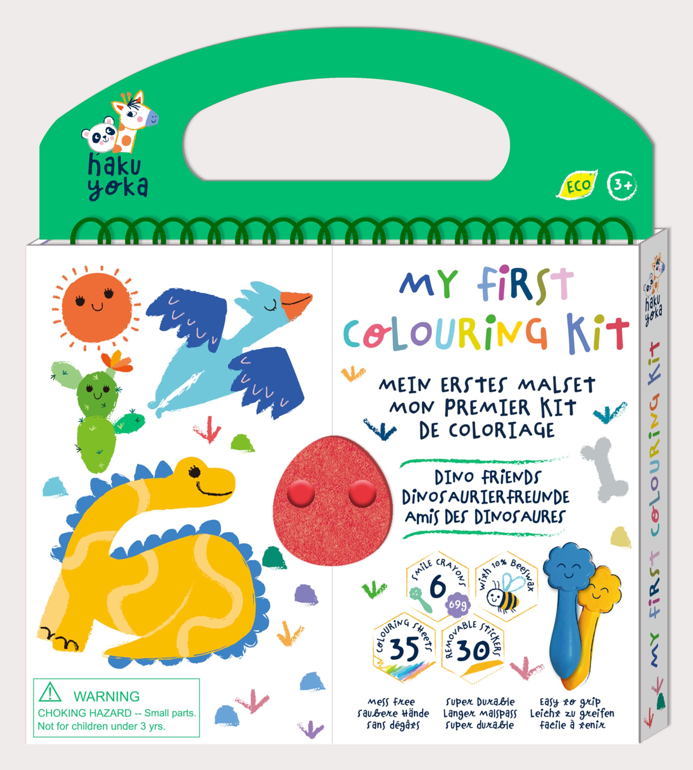 Haku Yoka Dino Friends My First Colouring Kit, On The Go Colouring Kit with 6 Smile Beeswax Crayons, FSC Certified, Green