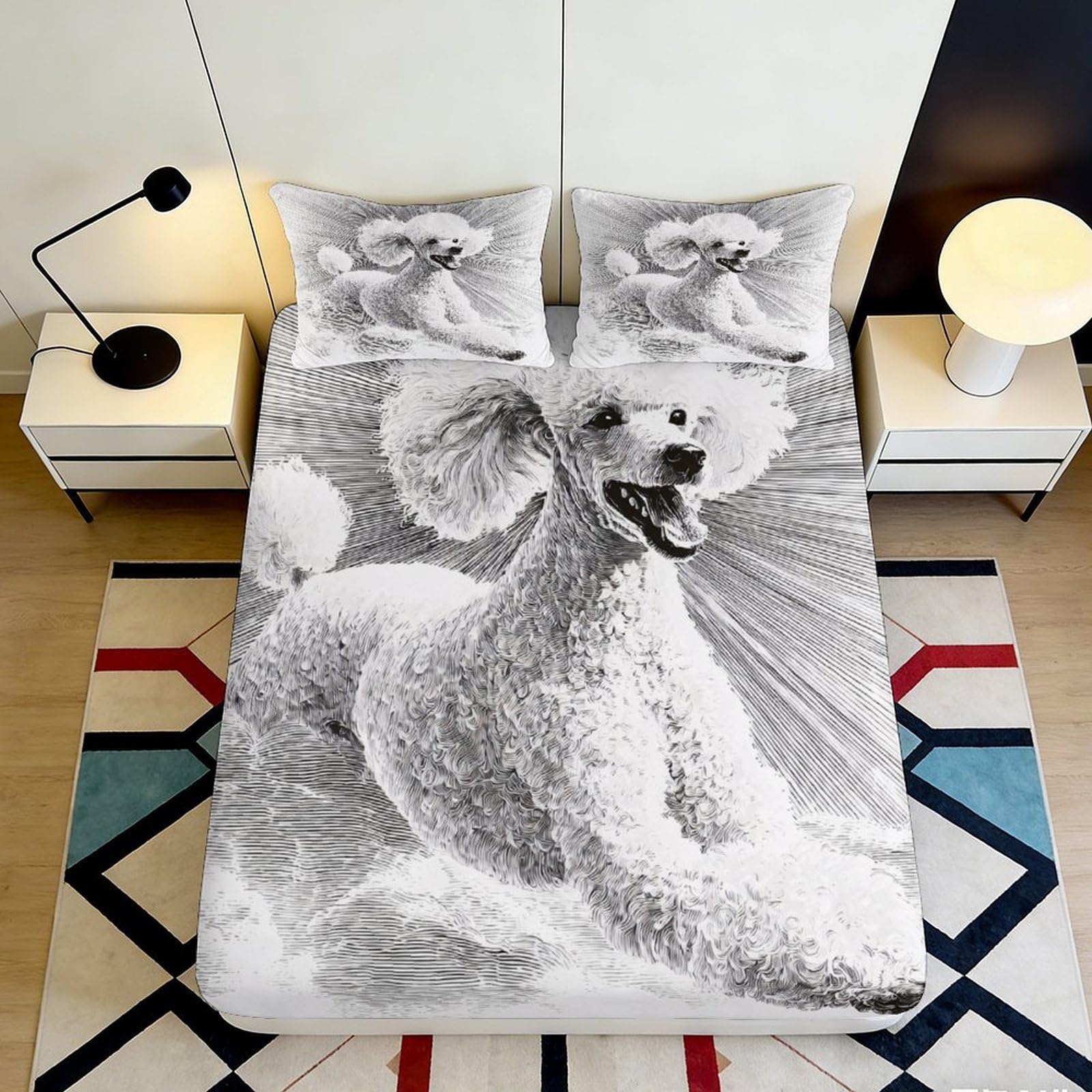 3D Printed Poodle Illustration Fitted Sheet Microfiber Non-Slip Dog Bed Cover for Bedroom Guest Room Easy Care 200x200x25cm