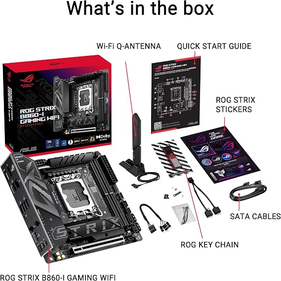 ASUS ROG Strix B860-I Gaming WiFi Intel Mini-ITX anakart, 10+1+2 + 1 aşamalı güç kaynağı, DDR5 PCIe 5.0 yuvası, AI-Advanced PC'ler için uygun, 2 M.2 yuvası, WiFi 7, AI Advisor, AI Networking II, siyah