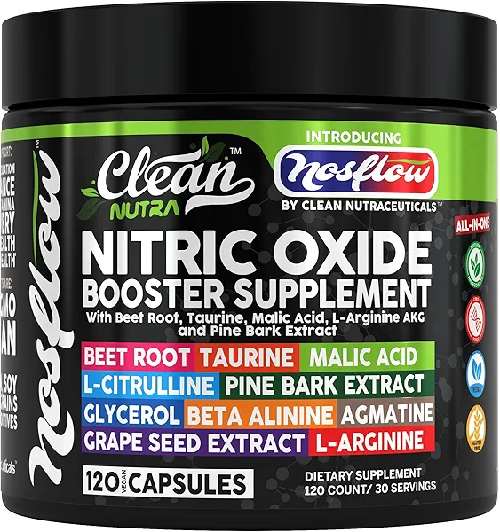 NosFlow Nitric Oxide Supplements for Men | Beet Root Taurine L-Arginine Malic Acid L-Arginine L-Citrulline Pine Bark Glycerol Agmatine Grape Seed Vitamin C B12 B3 by Clean Nutra