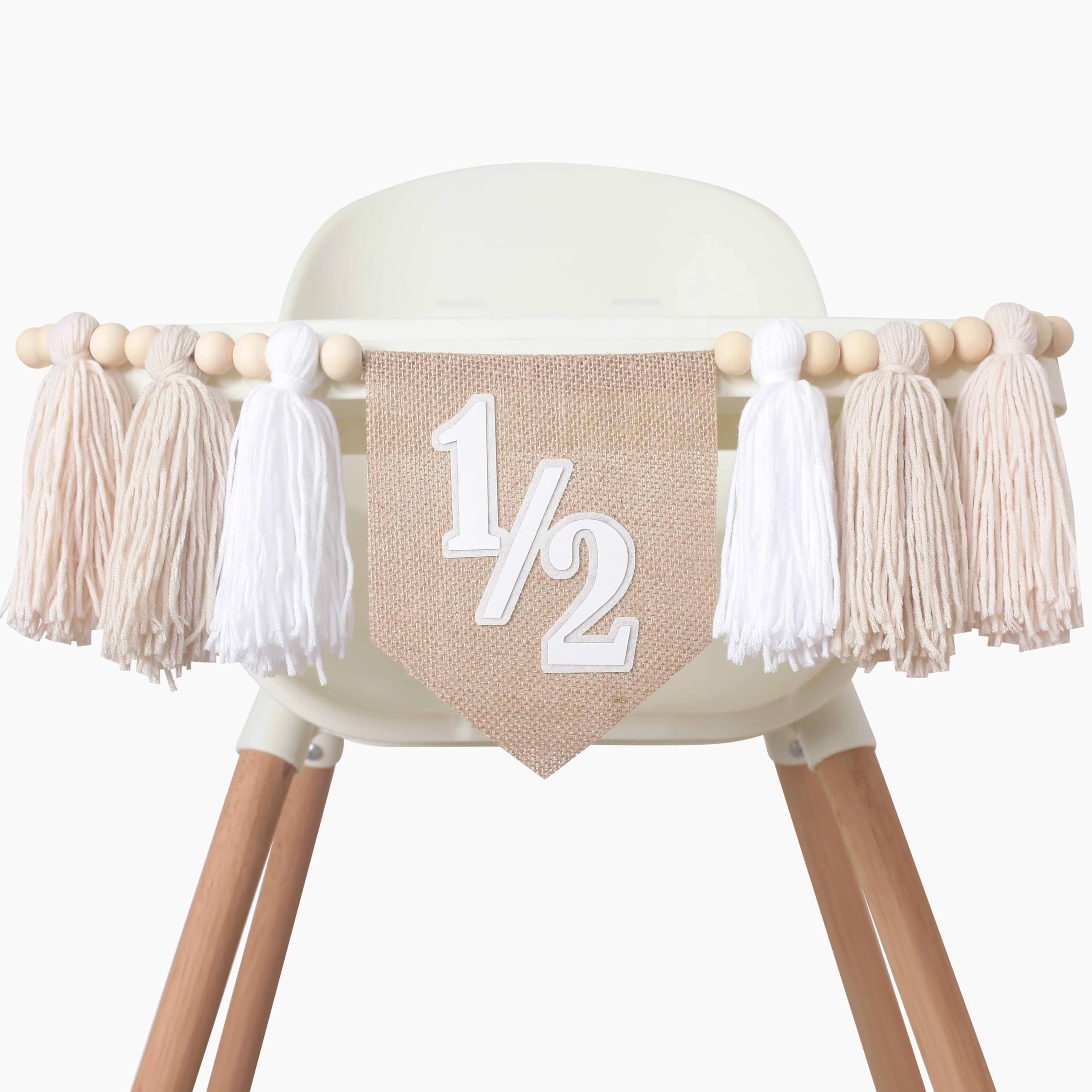 White Half Birthday High Chair Banner - Wood Bead Tassel Garland - 1/2 Birthday Party Tassel Banner - Pure Angel 6 Months Birthday Photo Backdrop -