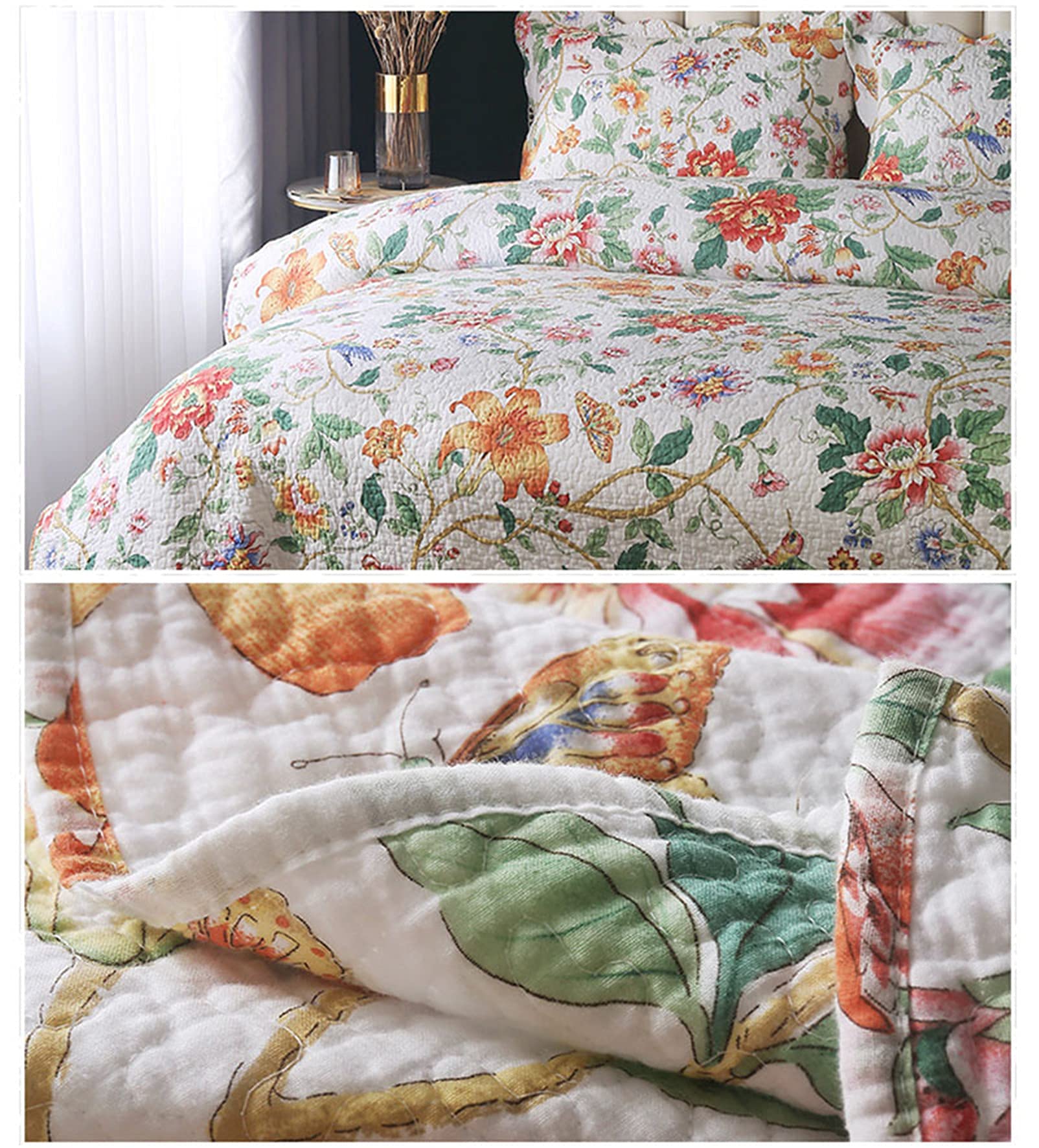 Juego de Colcha de Patchwork para Cama, de algodón, con diseño Floral, Cachemira, Reversible, Acolchada, con Volantes, Colcha Ligera, 3 Piezas,