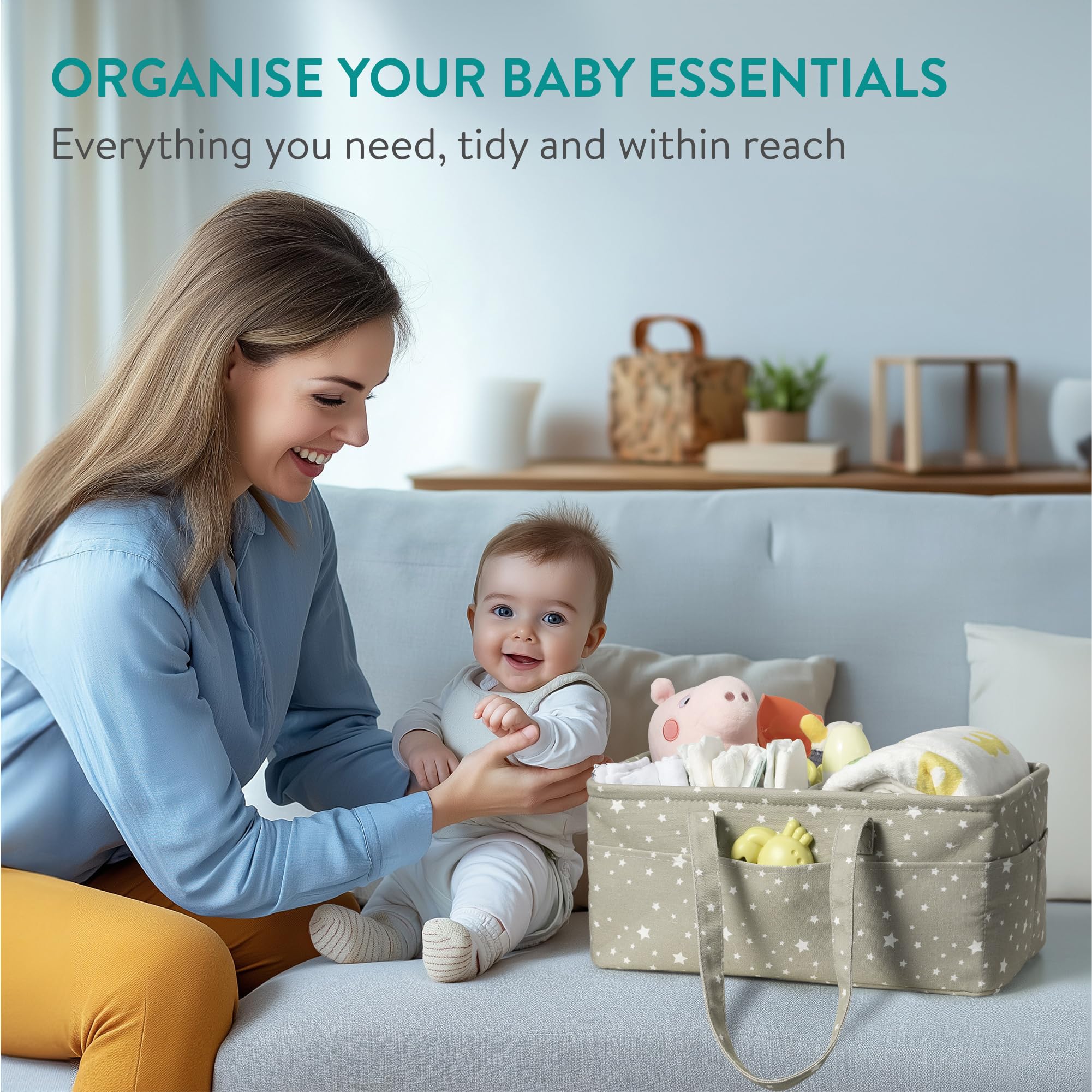 Navaris Nappy Caddy Organiser in Grey with Star Pattern - Baby Changing Basket with 10 Side Pockets & Removable Divider - Diaper Storage Bag - Newborn Essentials - Image 2