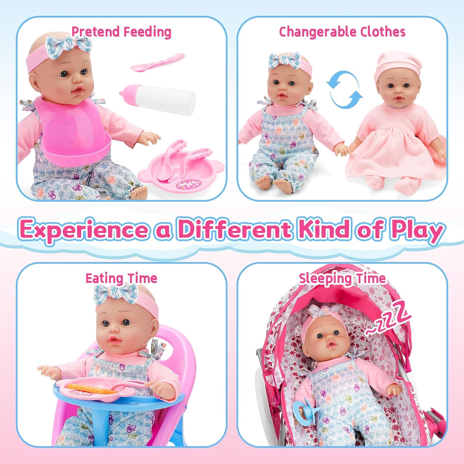 deAO Baby Doll Stroller Set Baby Doll Accessories Playset Pretend Play Toys with 12" Baby Doll,Foldable Stroller,2 Sets Doll Clothes High Chair Christmas Birthday Gift for Toddler Girls 3-7
