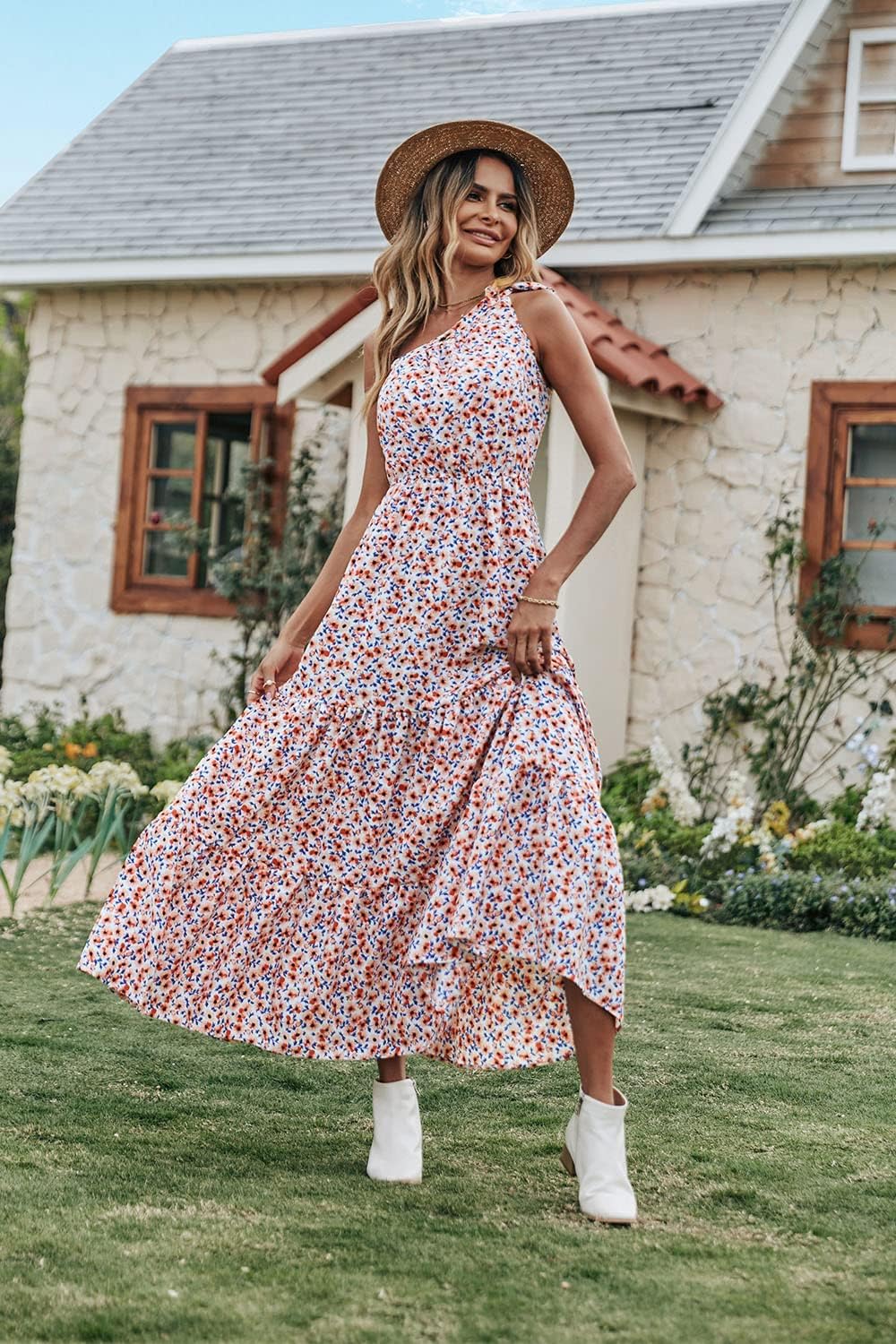 PRETTYGARDEN Women's Summer Floral One Shoulder Maxi Dress – Boho Knot Ruffle Beach Wedding Guest Long Dress — view 4
