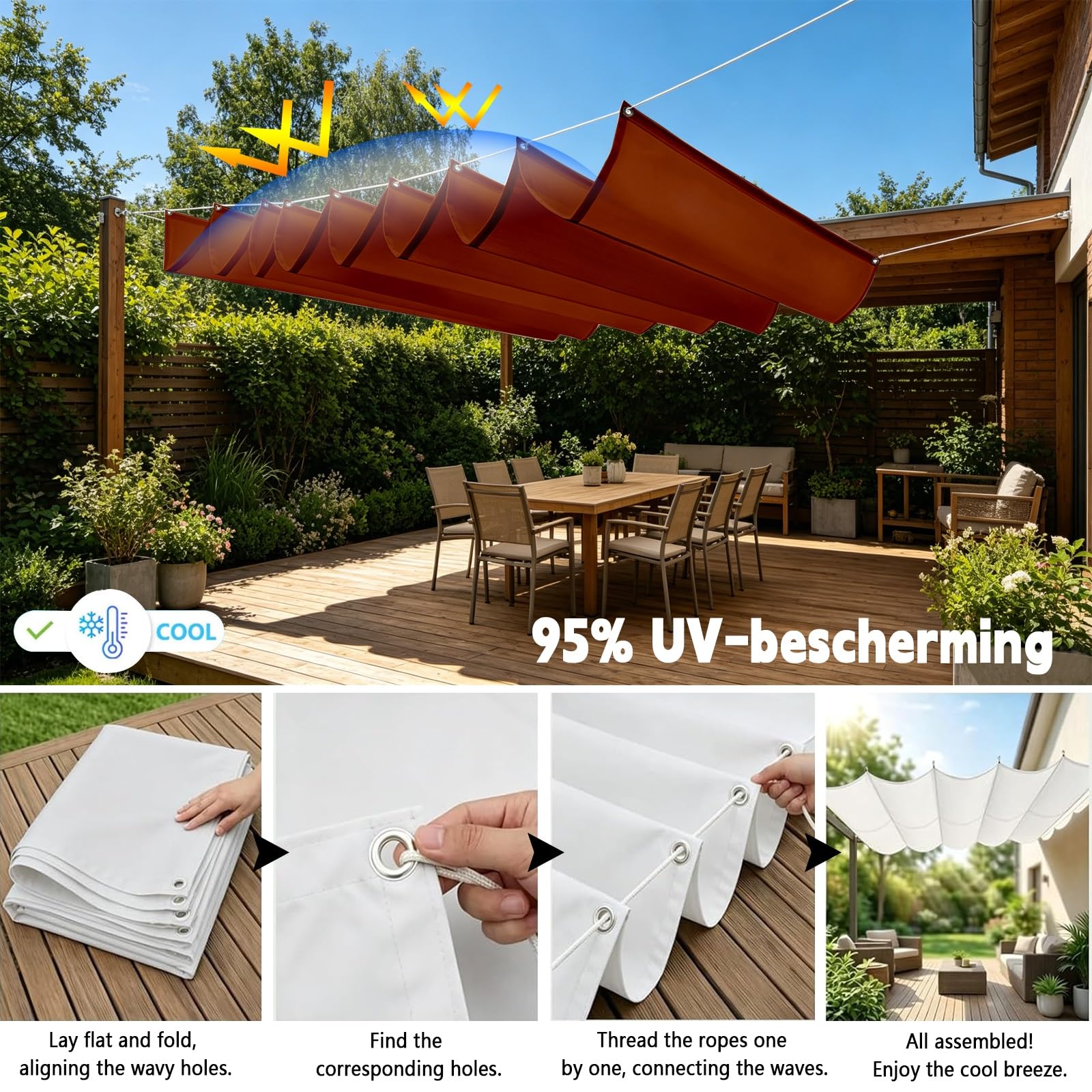 Toldo Retráctil de Onda 100 x 1500 cm con Ojales y Cuerda, Vela Sombra Impermeable y Rectangular con Bloqueo UV y Resistencia a Desgarros para Terraza Jardín Balcón Pérgola, Rojo óXido