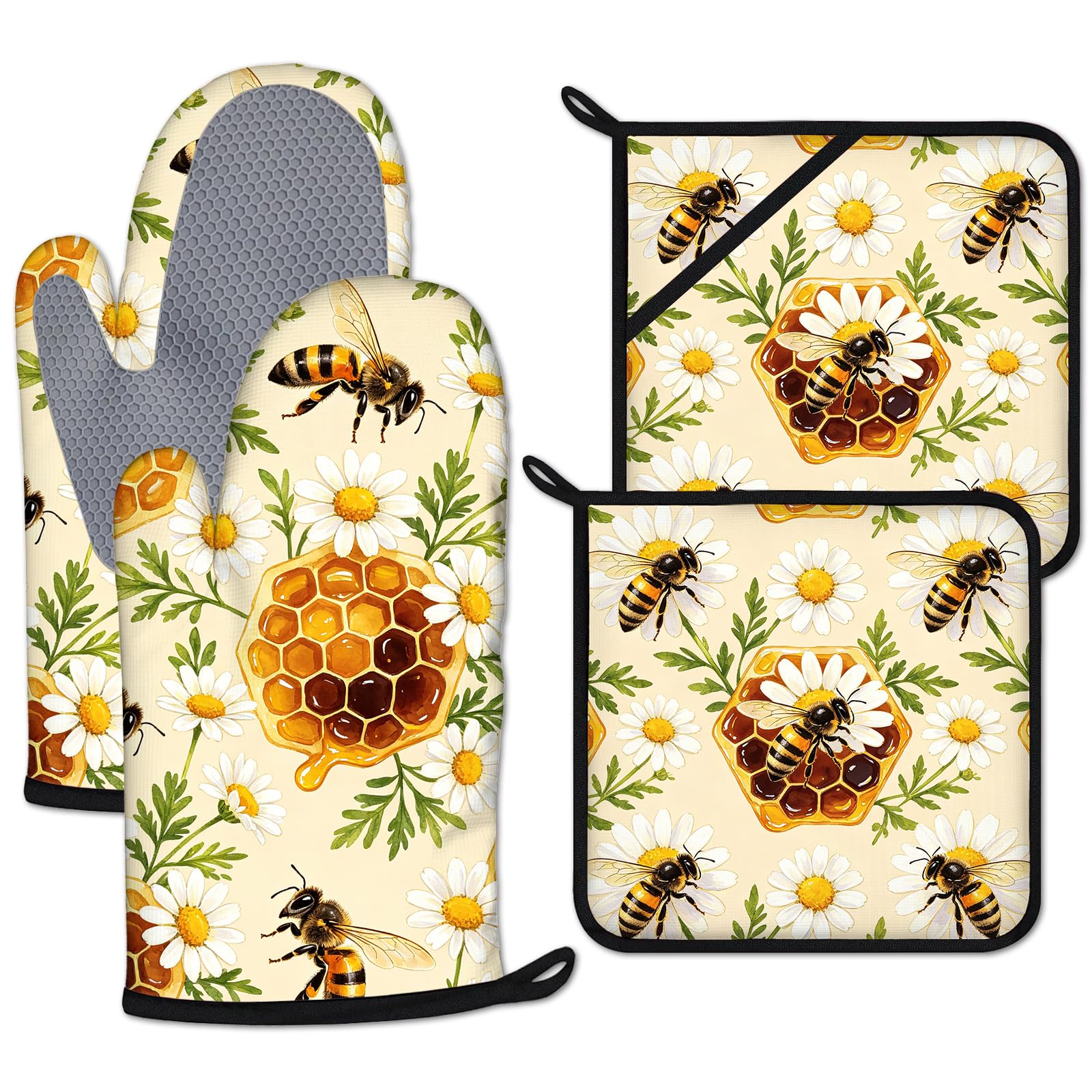 Juego de 4 manoplas de silicona para horno y soportes para ollas, guantes de horno, almohadilla caliente para cocina, hornear, cocinar, asar a la parrilla