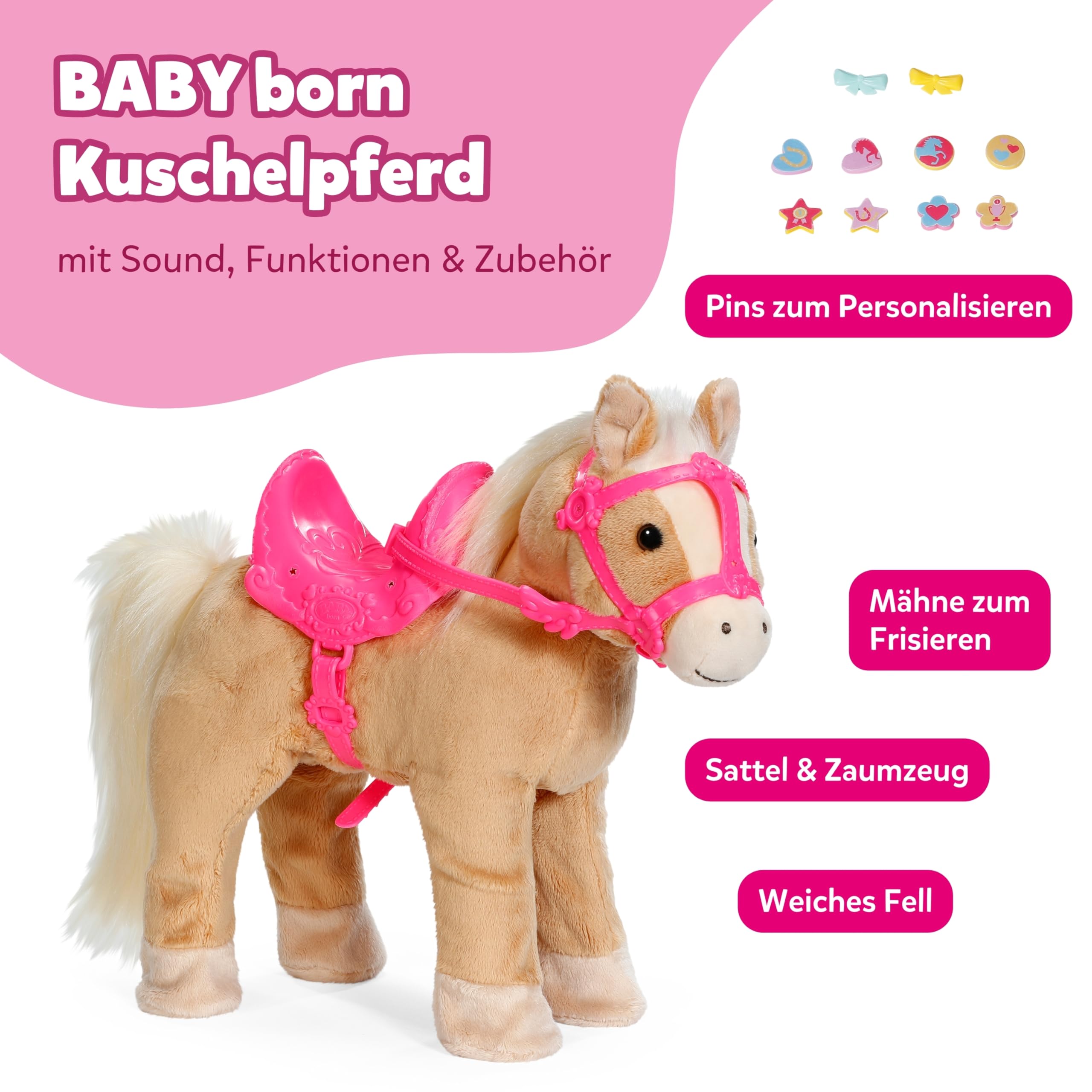 BABY Born, Puppenpferd, My Cute Horse, interaktives Pferd mit Lauf- und Soundfunktion, Plüsch, rosa Sattel und Zaumzeug sowie Pins zum Dekorieren, 840627 Zapf Creation